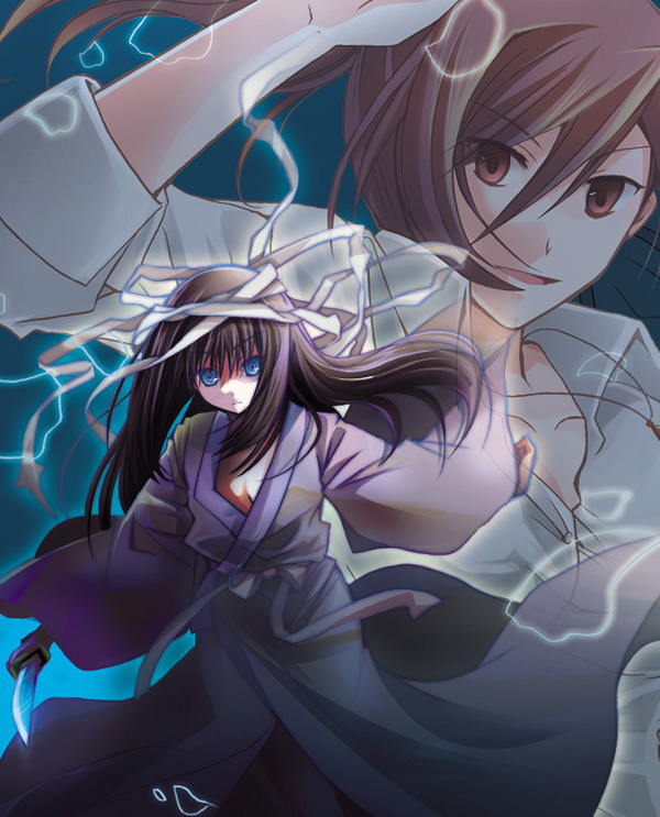 tokitsukaze otoha, aozaki touko, ryougi shiki, kara no kyoukai, bad id, bad pixiv id, alternate hairstyle, bandages, black hair, knife, long hair