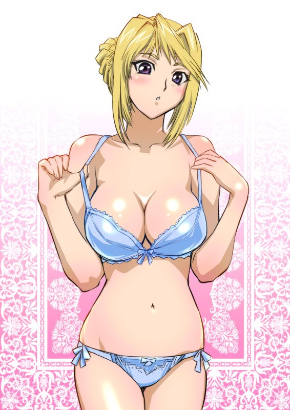 ueyama michirou, silvia van hossen, princess lover, 1girl, bare shoulders, blonde hair, blue bra, blue panties, blush, bow, bow panties, bra, breasts, cleavage, collarbone, curvy, female focus, hip focus, large breasts, lingerie, looking at viewer, navel, panties, purple eyes, short hair, side-tie panties, solo, standing, underwear, underwear only, white bra, white panties