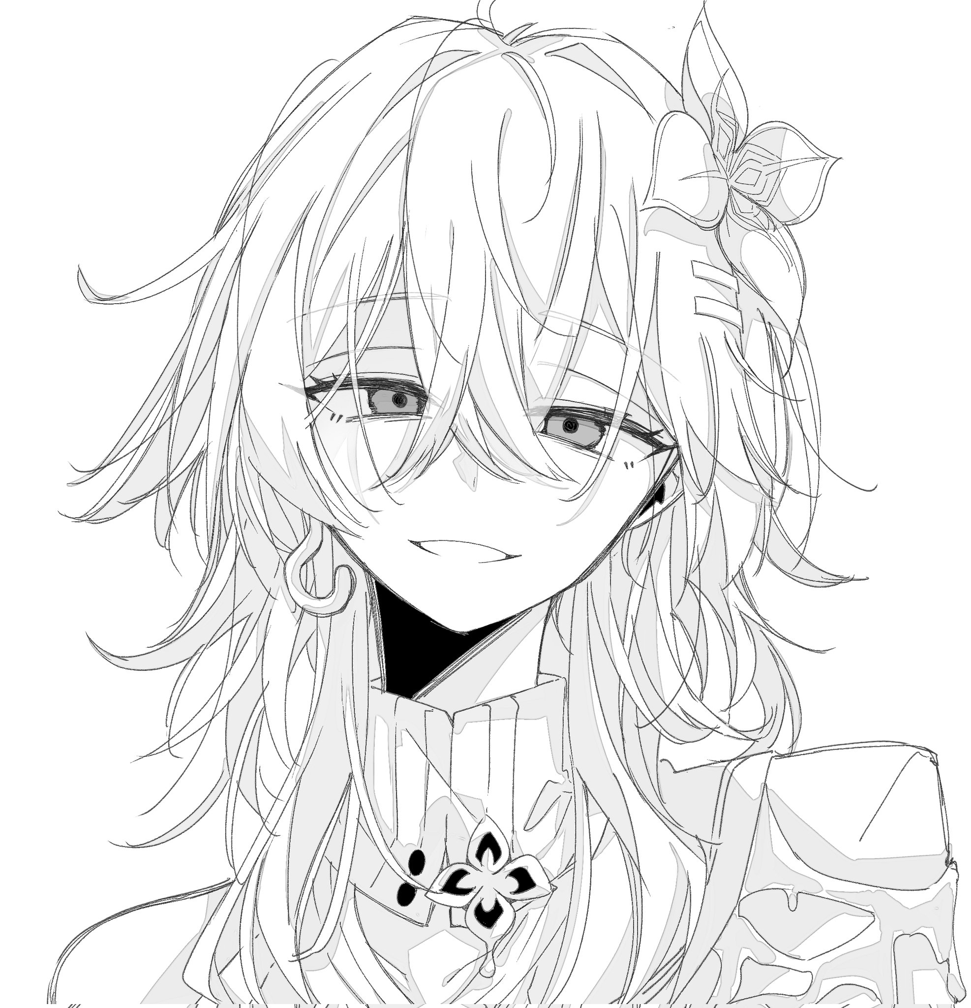 hki 8b, evernight (honkai: star rail), march 7th (honkai: star rail), honkai: star rail, honkai (series), highres, 1girl, clothing cutout, crossed bangs, dress, earrings, flower, flower ornament, greyscale, hair between eyes, hair flower, hair ornament, hairclip, jewelry, long hair, looking at viewer, monochrome, official alternate costume, official alternate hairstyle, shoulder cutout, sidelocks, simple background, single bare shoulder, single earring, smile, solo, teeth, turtleneck, turtleneck dress, two-tone dress, upper body