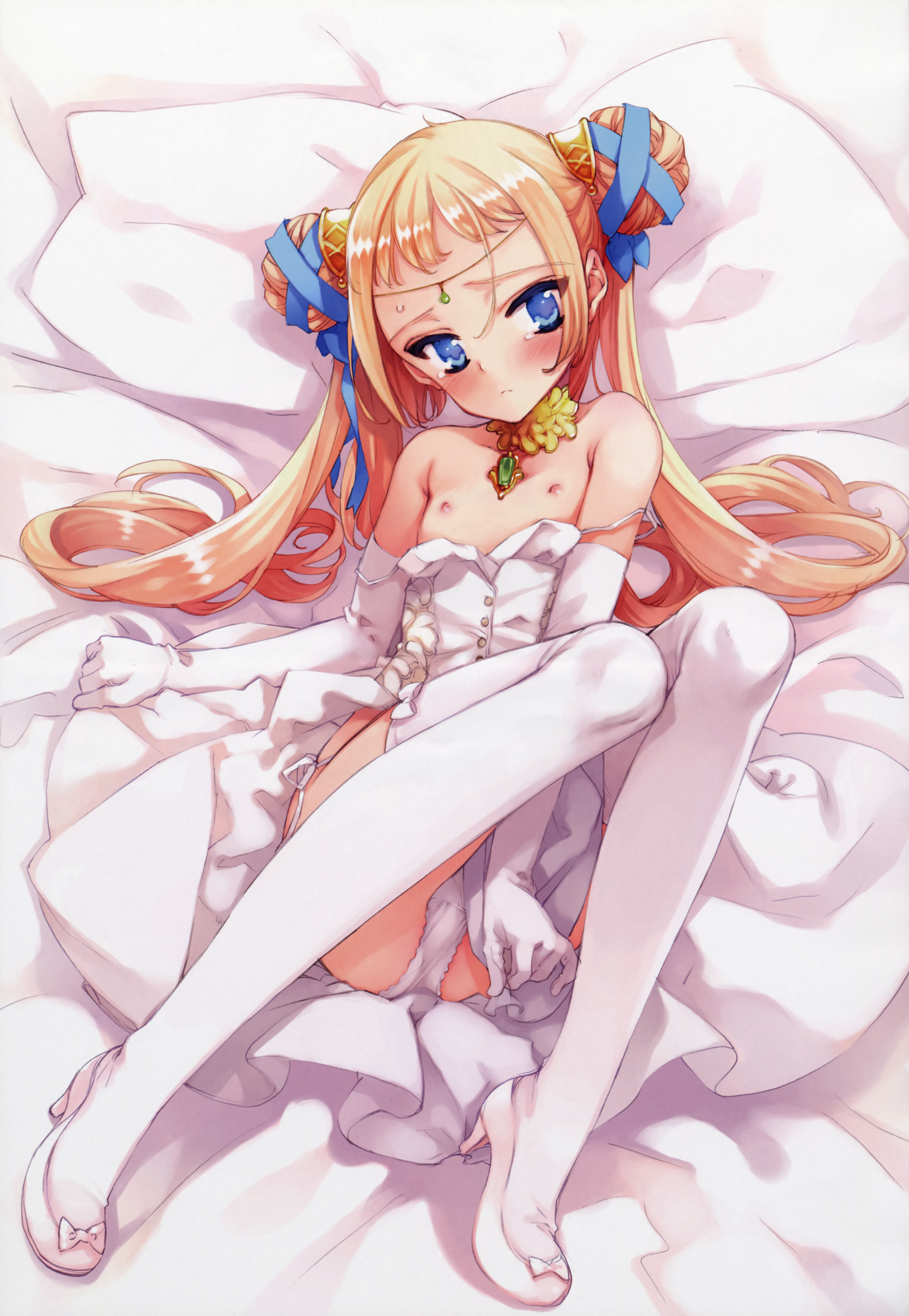 ooyari ashito, jill gransyrto ruritania, littlewitch, sugarcoat freaks, absurdres, highres, 1girl, blonde hair, blue eyes, blush, bra, breasts, choker, circlet, double bun, dress, elbow gloves, female focus, flat chest, gloves, hair bun, jewelry, lingerie, loli, long hair, lying, nipples, panties, pillow, ribbon, side-tie panties, skirt, solo, strap slip, tears, thighhighs, twintails, underwear, undressing, very long hair, wedding dress, white panties, white thighhighs