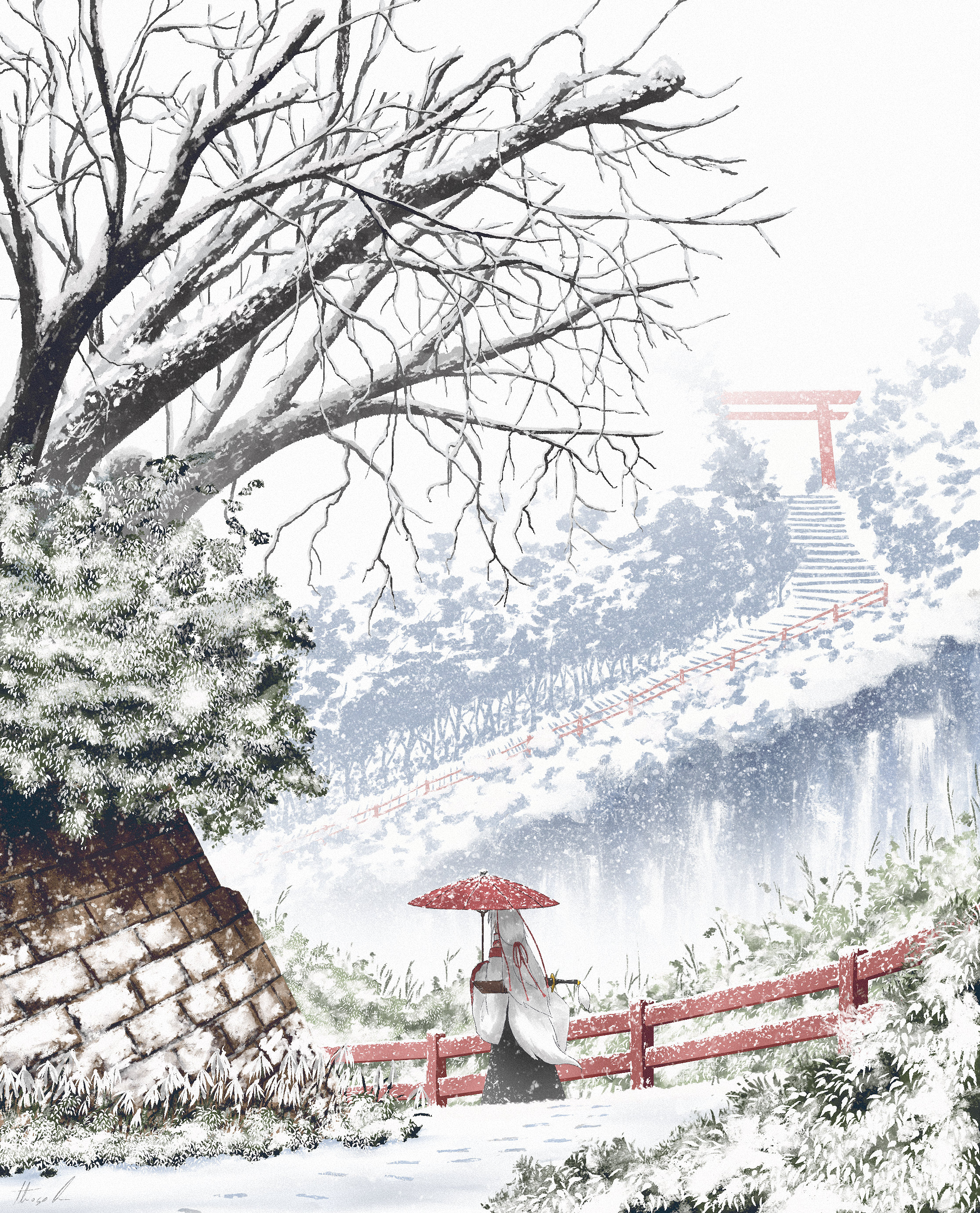 oubachiago, inubashiri momiji, touhou, absurdres, commentary, english commentary, highres, mixed-language commentary, procreate (medium), 1girl, bare tree, detached sleeves, footprints, holding, holding umbrella, long hair, outdoors, red umbrella, scenery, sheath, sheathed, snow, snowing, solo, stairs, sword, tail, torii, tree, umbrella, very long hair, weapon, weapon on back, wide shot, winter, wolf girl, wolf tail
