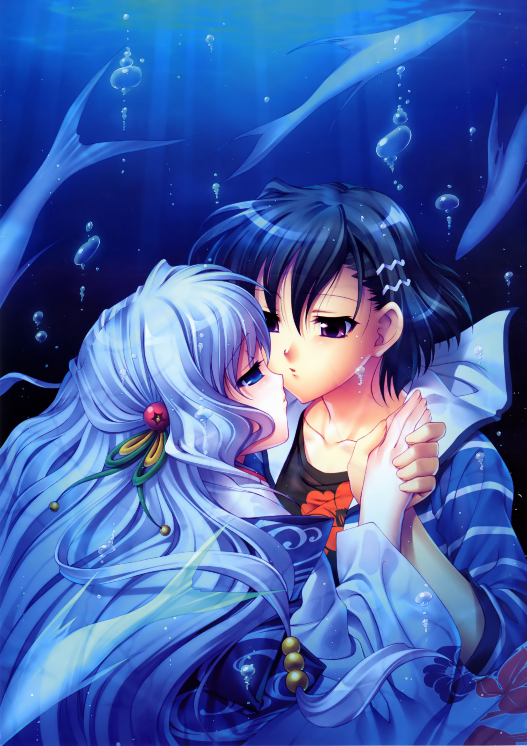 yasaka minato, nami (aoi shiro), osanai shouko, aoi shiro, silver hair, absurdres, highres, official art, 2girls, black hair, blue eyes, bow, bubble, fish, hair bow, hair ornament, hairclip, holding hands, imminent kiss, japanese clothes, long hair, looking down, multiple girls, profile, purple eyes, ribbon, short hair, underwater, water, wide sleeves, yuri