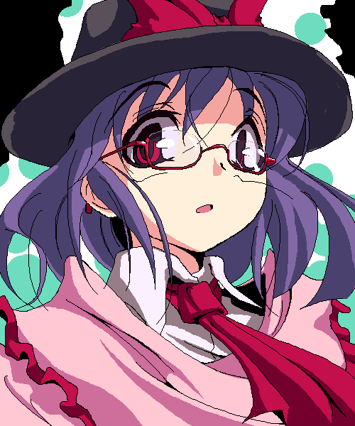 aya shachou, nagae iku, touhou, 1girl, bespectacled, black hat, close-up, female focus, glasses, hat, necktie, oekaki, solo