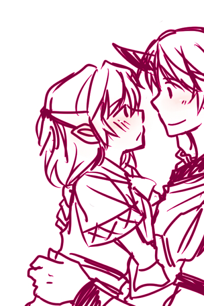 re ghotion, hoshiguma yuugi, mizuhashi parsee, touhou, 2girls, blush, eye contact, female focus, horns, hug, looking at another, monochrome, multiple girls, pointy ears, purple theme, short hair, short sleeves, simple background, single horn, sketch, smile, spot color, white background