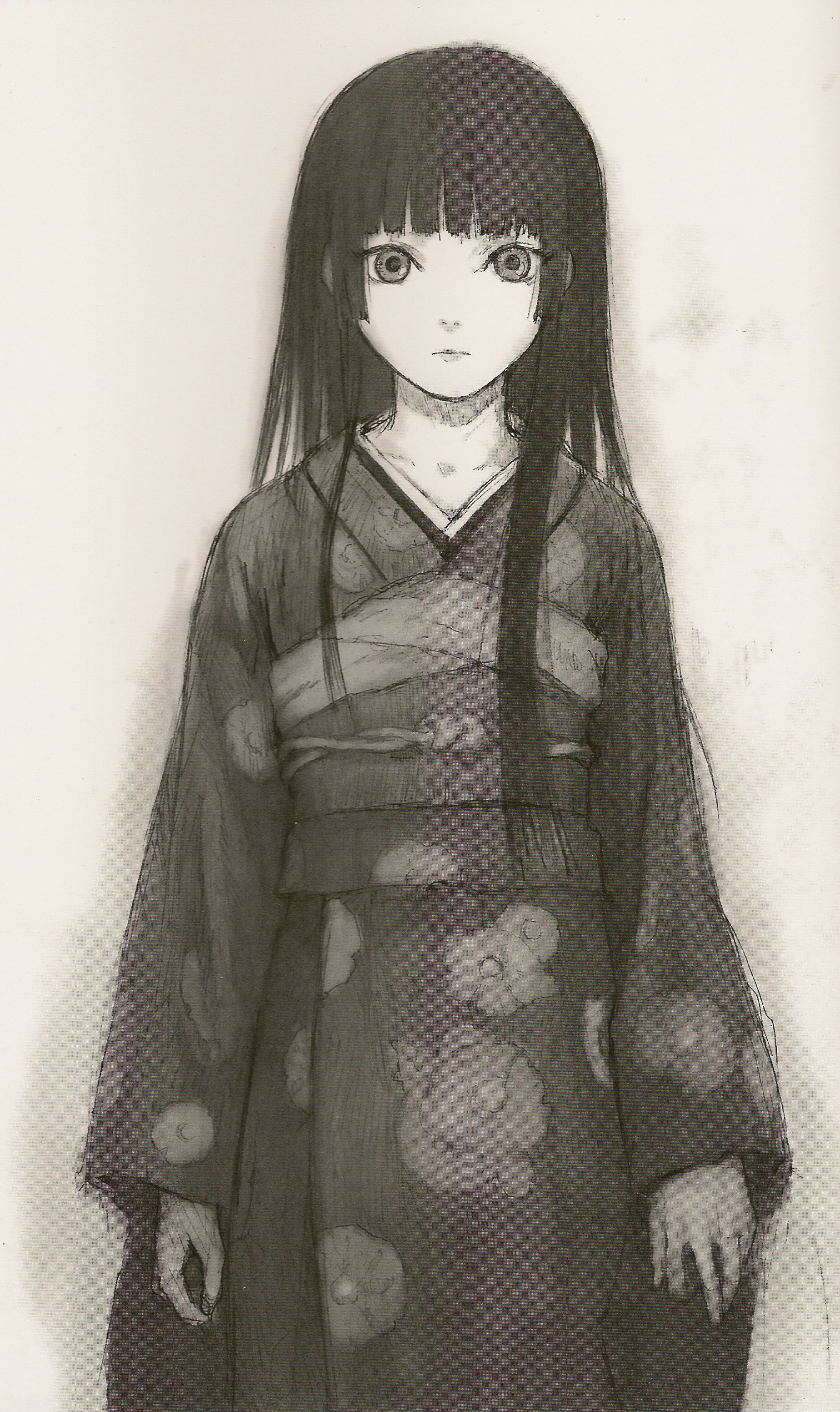 aki nyaa, enma ai, jigoku shoujo, absurdres, highres, md5 mismatch, official art, resolution mismatch, source smaller, traditional media, 00s, 1girl, black hair, blunt bangs, female focus, floral print, flower, hime cut, japanese clothes, kimono, long hair, monochrome, sketch, solo