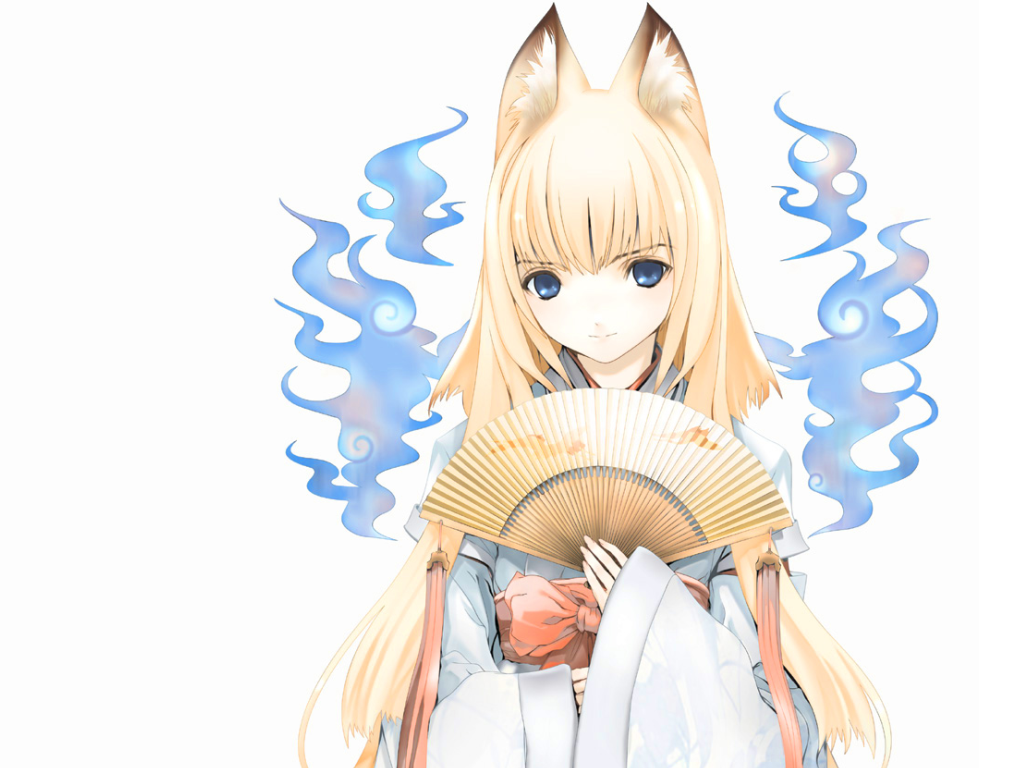 houden eizou, tenko kuugen, wagaya no oinari-sama, 00s, 1girl, animal ears, blonde hair, blue eyes, female focus, folding fan, fox ears, hand fan, japanese clothes, long hair, miko, solo