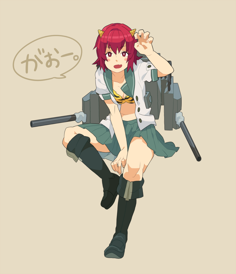 emu (eomou), kinu (kancolle), kantai collection, commentary, 1girl, animal print, bikini, black boots, boots, breasts, claw pose, cone horns, fake horns, horns, invisible chair, knee boots, medium breasts, open clothes, open mouth, open shirt, pleated skirt, red eyes, red hair, rigging, sailor collar, school uniform, serafuku, shirt, short hair, short sleeves, sitting, skirt, solo, speech bubble, swimsuit, tiger print