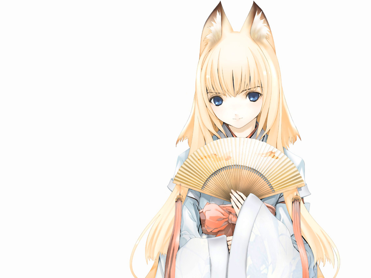 houden eizou, tenko kuugen, wagaya no oinari-sama, 00s, 1girl, animal ears, blonde hair, blue eyes, female focus, folding fan, fox ears, hand fan, japanese clothes, long hair, miko, solo