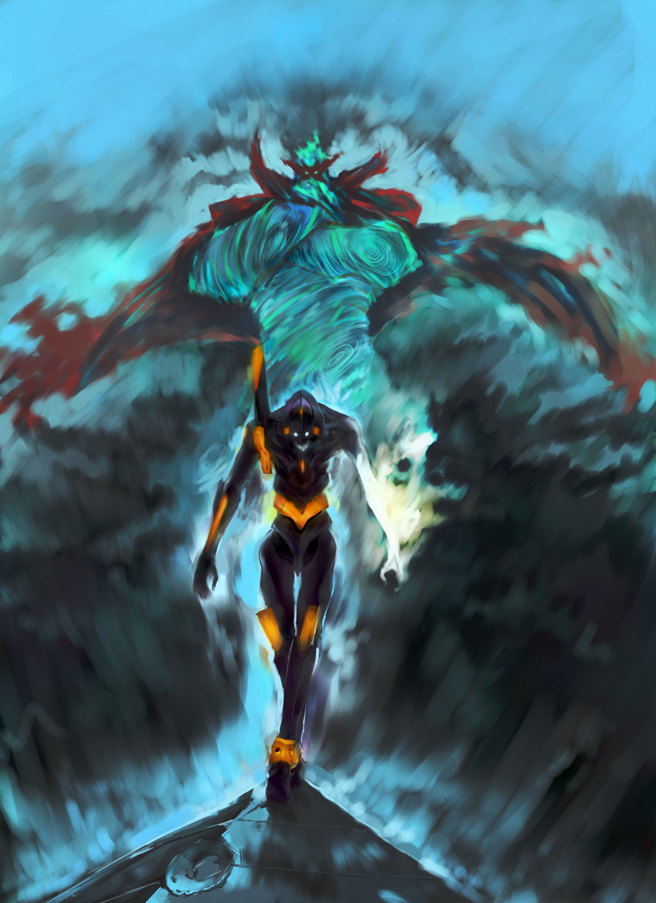 desuran, chou tengen toppa gurren-lagann, eva 01, evangelion: 2.0 you can (not) advance, neon genesis evangelion, rebuild of evangelion, tengen toppa gurren lagann, tengen toppa gurren lagann: lagann-hen, top wo nerae!, top wo nerae! (series), bad id, bad pixiv id, highres, creepy, crossover, epic, glowing, glowing eyes, horror (theme), mecha, mecha focus, no humans, parody, robot, spiral power, storm