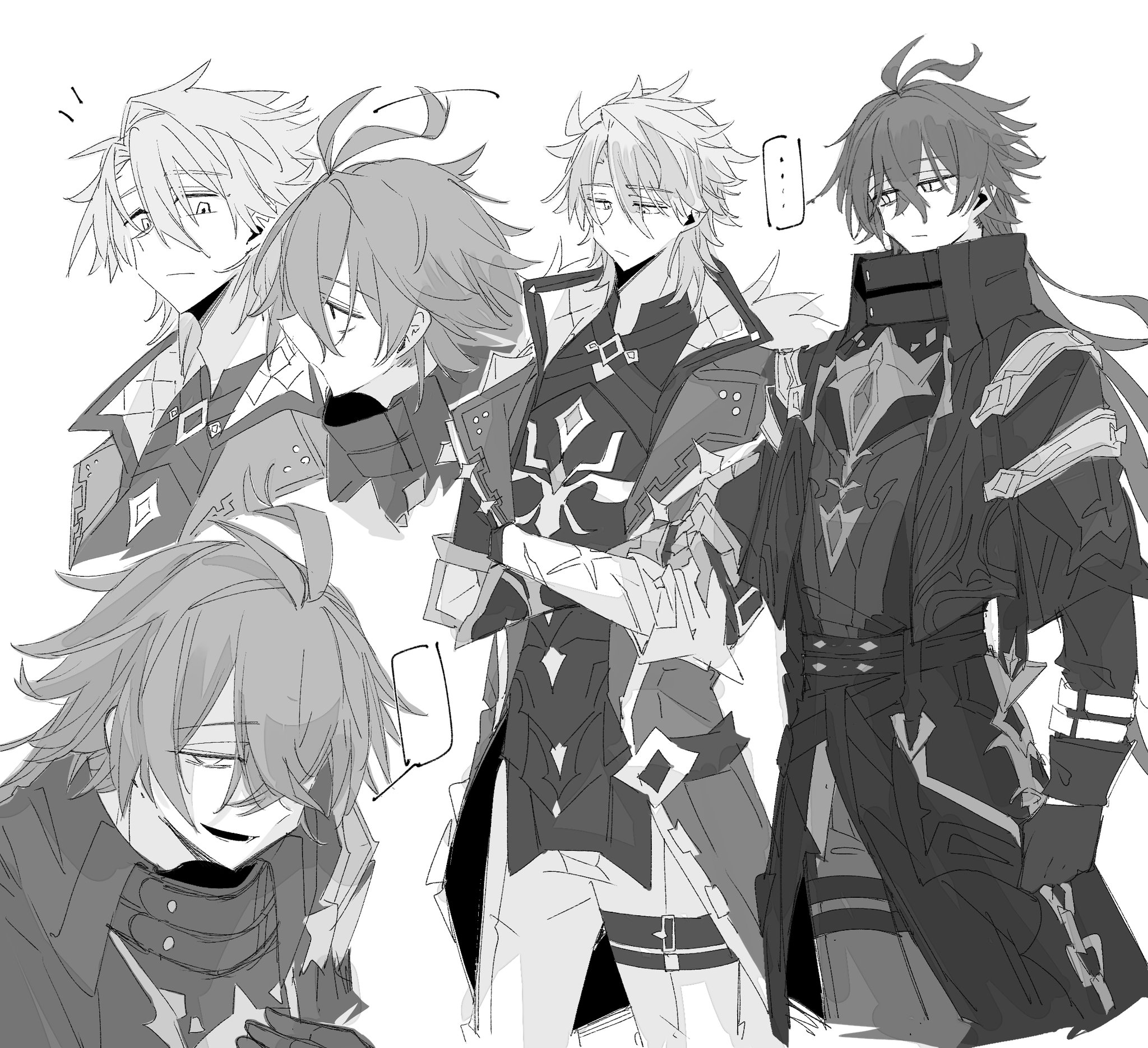 hki 8b, flins (genshin impact), varka (genshin impact), genshin impact, highres, …, 2boys, antenna hair, blank speech bubble, clenched hand, closed mouth, cowboy shot, crossed arms, crossed bangs, empty eyes, eyes visible through hair, fur-trimmed vest, fur trim, gloves, greyscale, hair between eyes, half-closed eyes, jacket, lapels, long hair, long hair between eyes, long sleeves, looking at another, looking to the side, male focus, monochrome, multiple boys, multiple views, notice lines, open clothes, open jacket, open mouth, open vest, scar, shirt, short hair, shorts, simple background, smile, speech bubble, spoken ellipsis, standing, thigh strap, upper body, vest