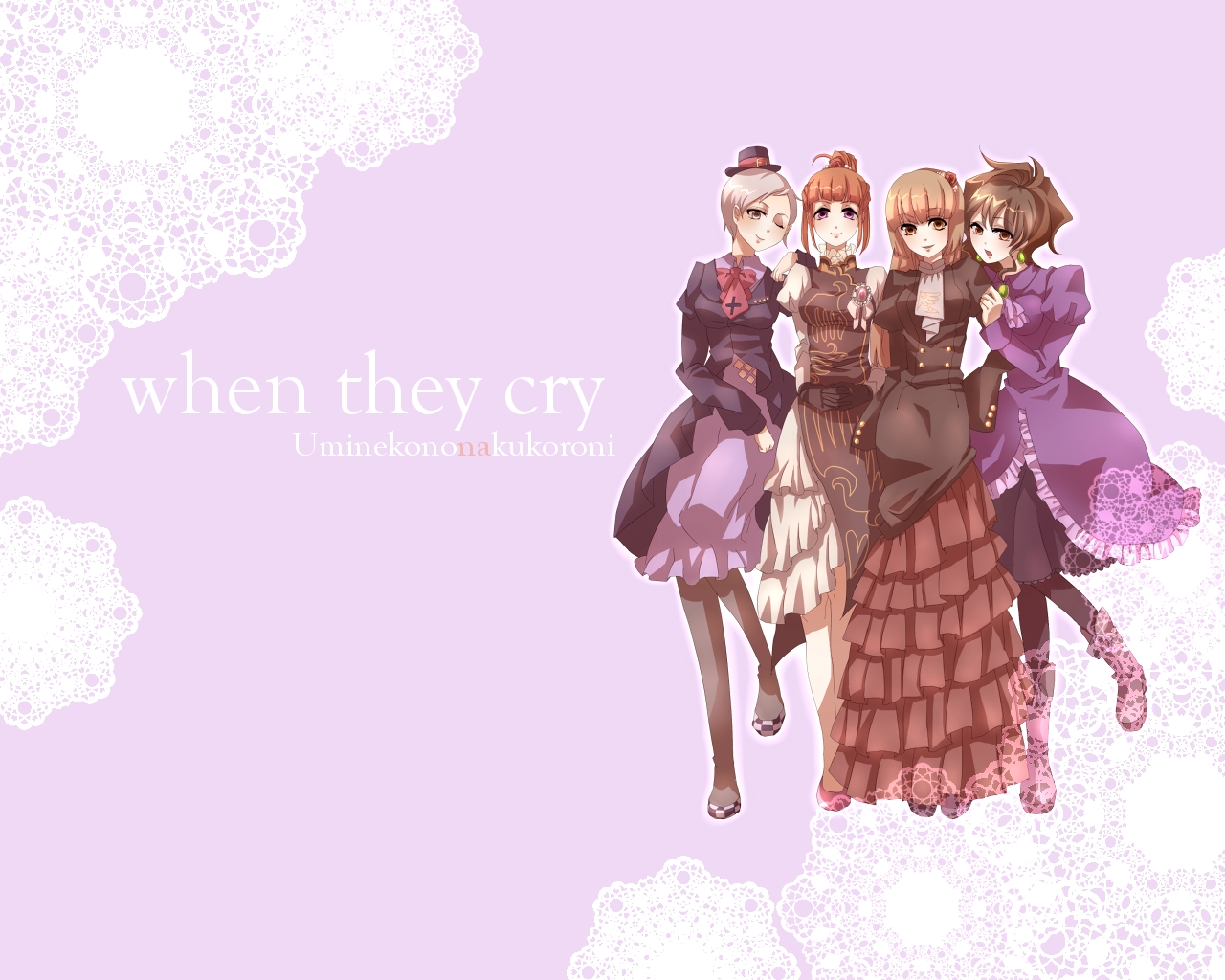 inabatei (amana), shimizu amana, ushiromiya eva, ushiromiya kyrie, ushiromiya natsuhi, ushiromiya rosa, umineko no naku koro ni, silver hair, bad id, bad pixiv id, 00s, 4girls, blonde hair, brown hair, dress, frills, hime cut, multiple girls, ponytail, ribbon