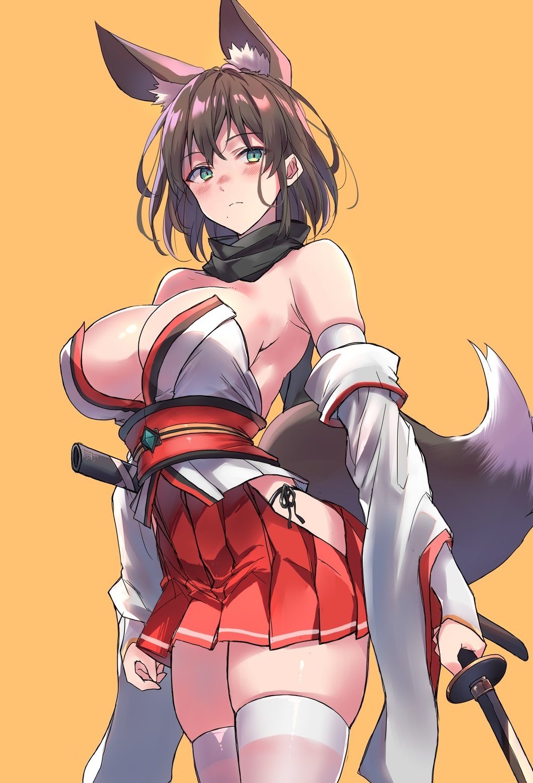 sawaya (mizukazu), original, highres, 1girl, animal ear fluff, animal ears, black scarf, brown hair, clothing cutout, detached sleeves, extra ears, fox ears, fox tail, from side, green eyes, hakama, hakama short skirt, hakama skirt, hip vent, holding, holding sword, holding weapon, japanese clothes, looking to the side, miniskirt, mole, mole under mouth, obi, panties, pleated skirt, red skirt, sash, scarf, sheath, short hair, side-tie panties, skindentation, skirt, solo, strapless, sword, tail, thighhighs, underwear, weapon, white sleeves, white thighhighs, wide sleeves, yellow background