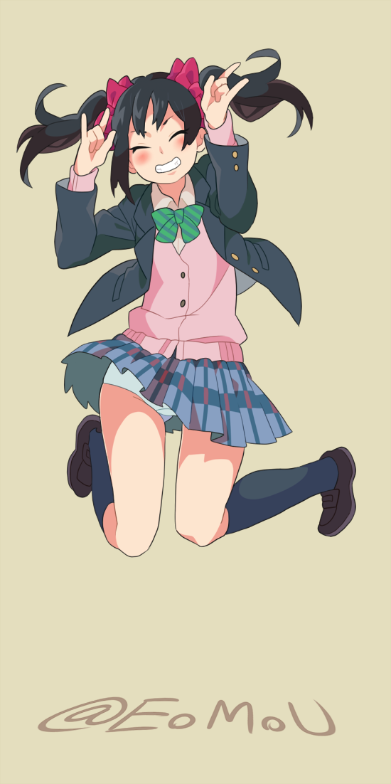 emu (eomou), yazawa nico, love live!, love live! school idol project, commentary, 1girl, m/, black hair, black jacket, blazer, blue panties, blue sky, bow, bowtie, closed eyes, double m/, green bow, green bowtie, grin, hair bow, jacket, jumping, kneehighs, otonokizaka school uniform, panties, pantyshot, pink sweater vest, pleated skirt, red bow, school uniform, shirt, shoes, skirt, sky, smile, socks, solo, sweater vest, twintails, twitter username, underwear, white shirt