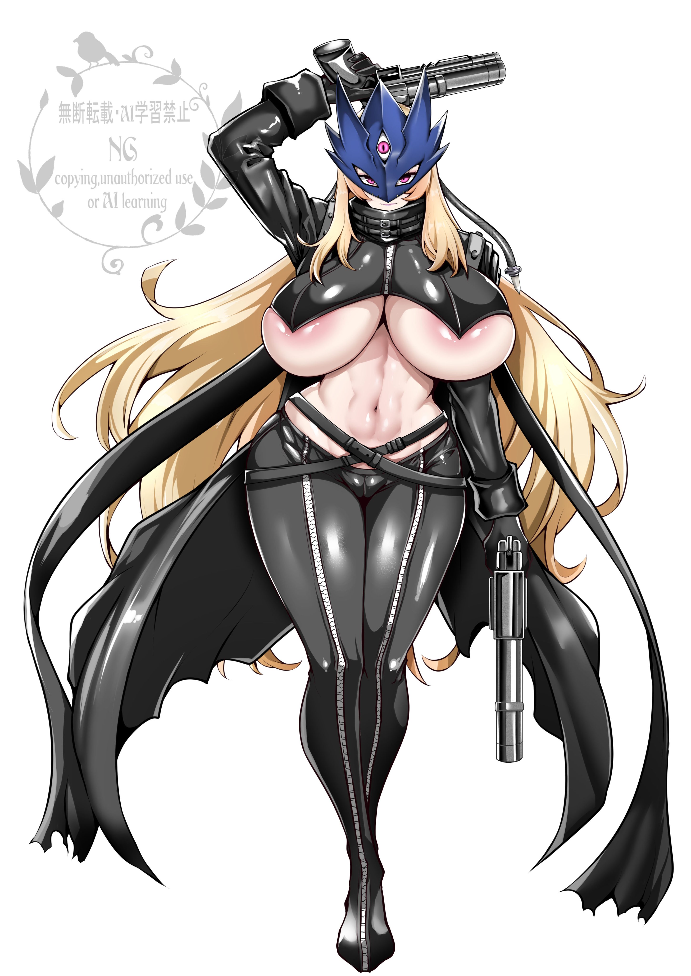 gggg, beelstarmon, digimon, highres, 1girl, black gloves, blonde hair, breasts, closed mouth, cropped jacket, digimon (creature), female focus, full body, gloves, gun, holding, holding gun, holding weapon, jacket, large breasts, leather, leather jacket, leather pants, long hair, looking at viewer, mask, navel, pants, purple eyes, shiny skin, stomach, third eye, underboob, watermark, weapon, wide hips