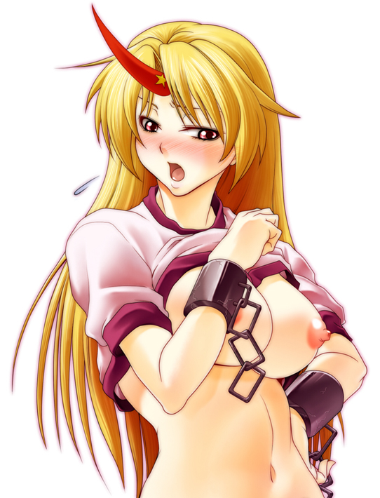 846-gou, hoshiguma yuugi, touhou, bad id, bad pixiv id, 1girl, blonde hair, blouse, blush, breasts, chain, clothes lift, cuffs, female focus, hand on own hip, hip focus, horns, large breasts, long hair, midriff, navel, nipples, no bra, red eyes, shirt, shirt lift, simple background, single horn, solo, white background, white shirt, wide hips