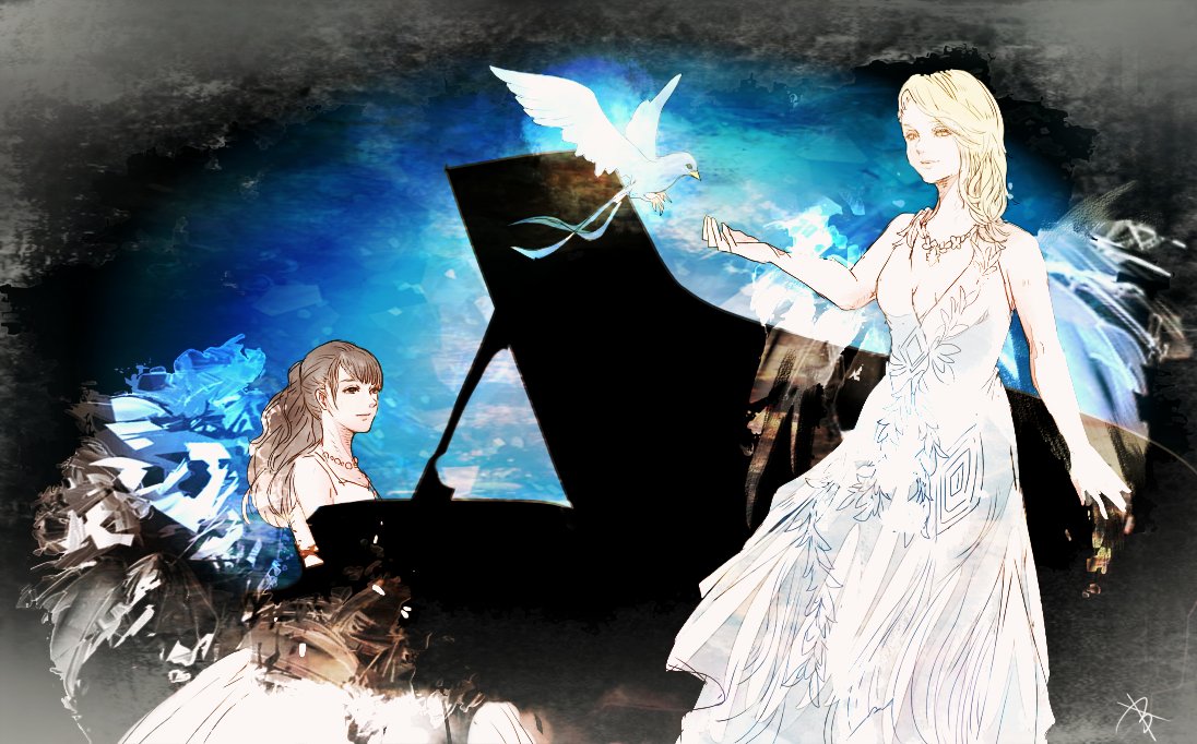 ruka (blueplus84), meteion, final fantasy, final fantasy xiv, real life, commentary, 2girls, amanda achen, animal, bare arms, bare shoulders, bird, blonde hair, blue bird, breasts, brown eyes, brown hair, cleavage, closed mouth, dress, grand piano, instrument, jewelry, long hair, medium breasts, multiple girls, music, necklace, oosaki keiko, piano, playing instrument, playing piano, ponytail, smile, white dress, yellow eyes