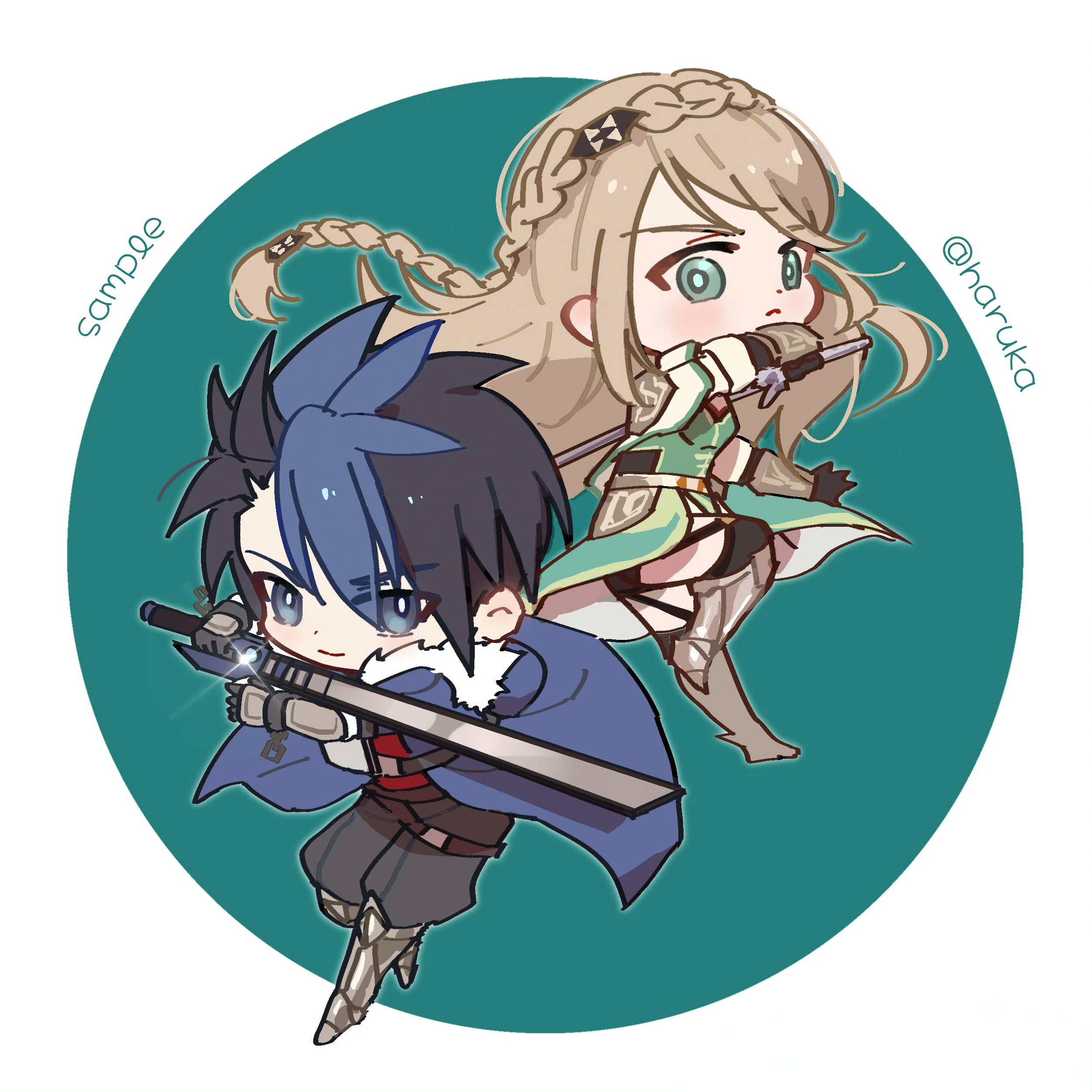 harukaka030, elaine auclair, van arkride, eiyuu densetsu, kuro no kiseki, kuro no kiseki (series), kuro no kiseki ii, absurdres, commission, highres, mixed-language commentary, black hair, blue eyes, blue hair, bob cut, boots, braid, brown hair, chibi, closed mouth, coat, crown braid, english text, floating hair, glint, green background, green eyes, hair between eyes, holding, holding sword, holding weapon, looking at viewer, multicolored hair, parted bangs, simple background, single braid, smile, streaked hair, sword, twitter username, two-tone background, two-tone hair, weapon, white background