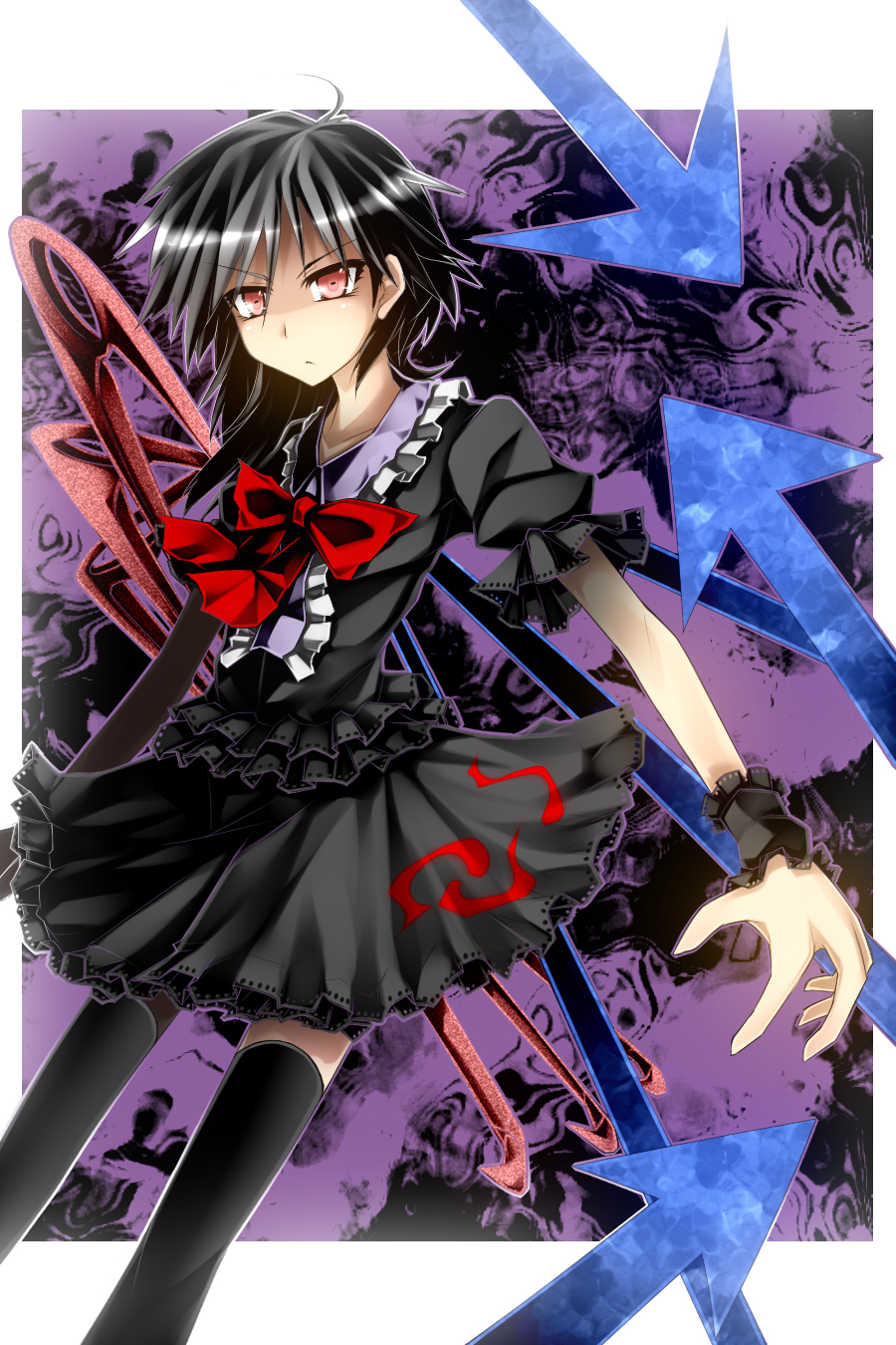 kazetto, houjuu nue, touhou, highres, 1girl, black hair, black thighhighs, female focus, polearm, red eyes, short hair, solo, spear, thighhighs, trident, weapon, wings, zettai ryouiki