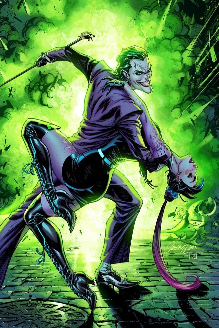 j. scott campbell, punchline (dc), the joker, batman (series), dc comics, highres, 1boy, 1girl, black hair, cane, evil grin, evil smile, explosion, explosion background, green eyes, green hair, grin, holding, holding staff, multicolored hair, piercing, smile, staff, torn clothes, two-tone hair