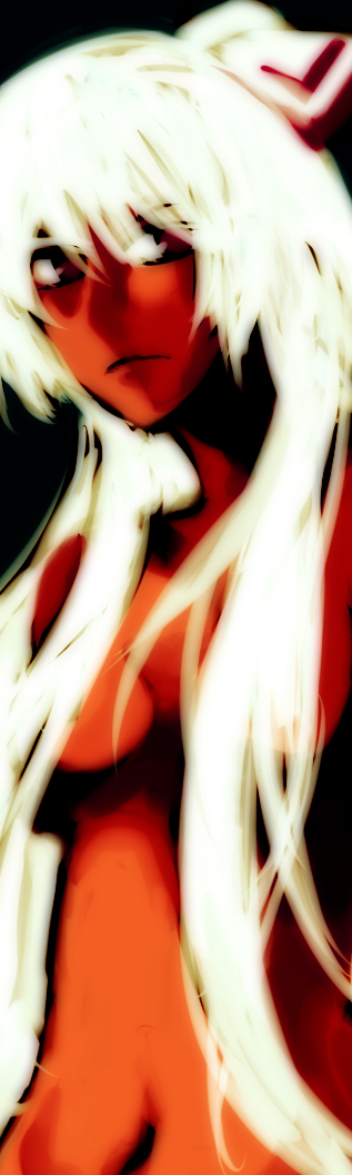 re ghotion, fujiwara no mokou, touhou, long image, tall image, 1girl, dark-skinned female, dark skin, female focus, long hair, navel, nude, red eyes, solo, white hair