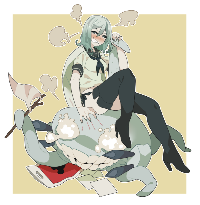 emu (eomou), ta-class battleship, wo-class aircraft carrier, kantai collection, commentary, 2girls, abyssal ship, bag, black boots, black neckerchief, black panties, black sailor collar, black sclera, blue hair, blush, boots, breasts, clenched teeth, colored sclera, flag, gradient hair, grey hair, high heel boots, high heels, looking at viewer, medium breasts, multicolored hair, multiple girls, nail polish, neckerchief, pale skin, panties, paper, plastic bag, puff of air, sailor collar, scratching, short sleeves, sitting, sitting on person, sweat, teeth, tentacles, thigh boots, underwear, white flag