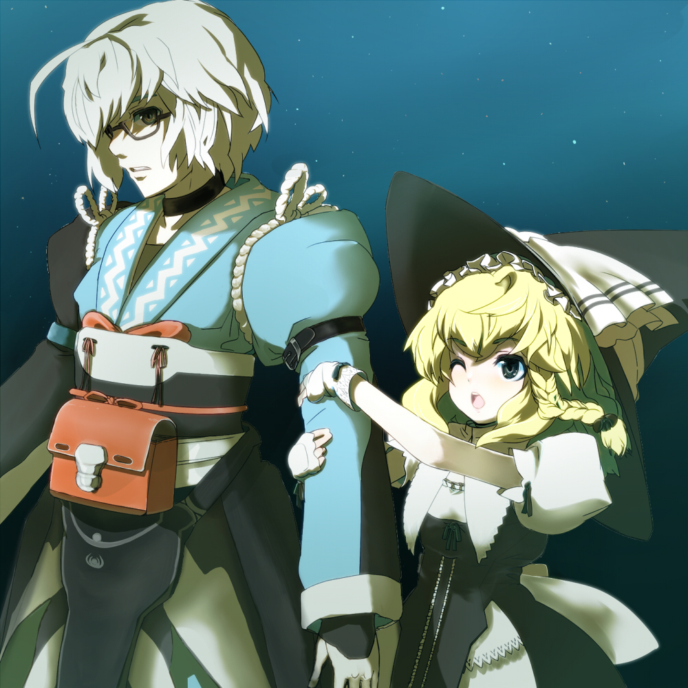 kinugawamiyabi, kirisame marisa, morichika rinnosuke, curiosities of lotus asia, touhou, arm grab, silver hair, artist request, 1boy, 1girl, ahoge, belt, black eyes, blonde hair, bow, braid, choker, glasses, hair bow, hat, long hair, long sleeves, one eye closed, open mouth, pouch, ribbon, short hair, single braid, wink, witch, witch hat