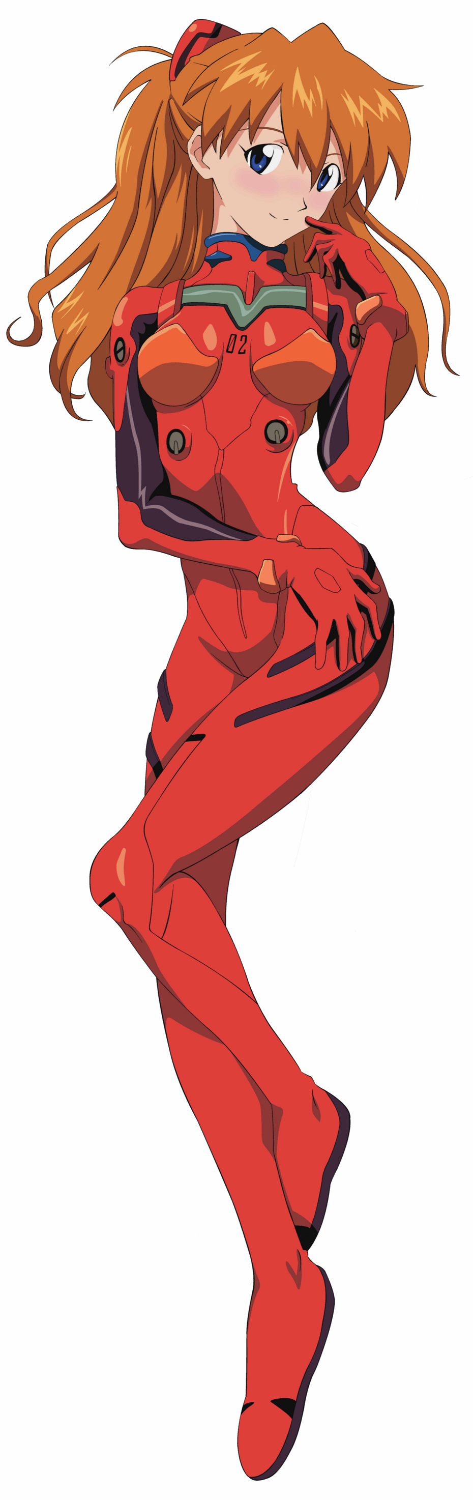 souryuu asuka langley, neon genesis evangelion, absurdres, artist request, highres, long image, tall image, 1girl, blue eyes, blush, bodysuit, bracer, breasts, dakimakura (medium), female focus, finger to mouth, from above, full body, gloves, hair between eyes, hair ornament, hand on own hip, light smile, long hair, looking at viewer, lying, mecha pilot suit, on back, orange hair, plugsuit (evangelion), simple background, skinny, small breasts, smile, solo, turtleneck, white background