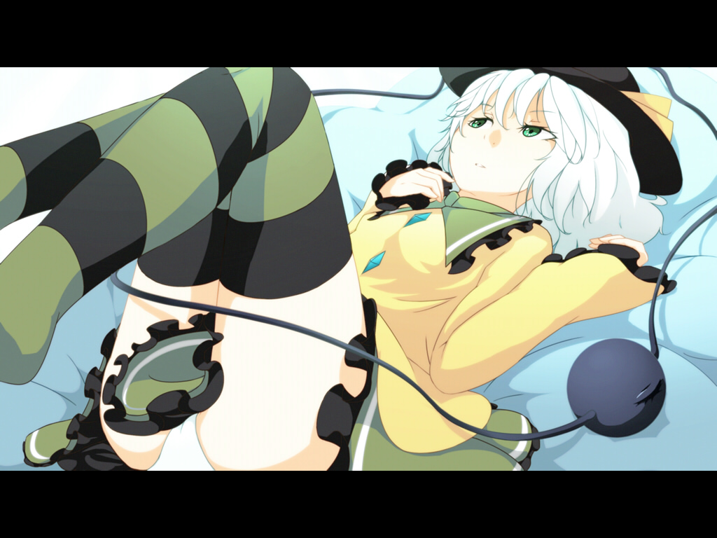 dise (psychoro), psychoro, komeiji koishi, touhou, silver hair, bad id, bad pixiv id, 1girl, female focus, green eyes, hat, heart, legs up, letterboxed, lying, on back, panties, short hair, solo, striped clothes, striped thighhighs, thighhighs, underwear