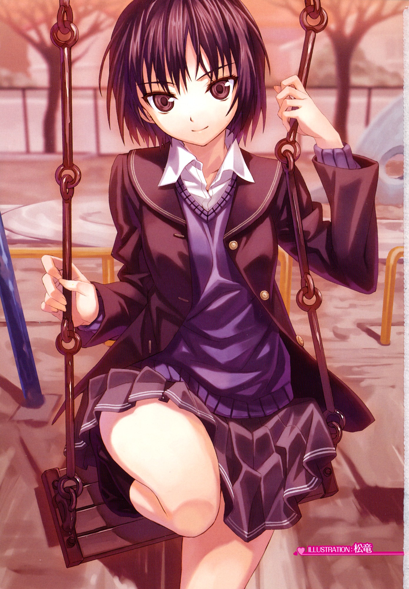 matsuryuu, nanasaki ai, amagami, highres, scan, 1girl, black hair, brown eyes, female focus, jacket, legs, nature, on swing, outdoors, short hair, sitting, skirt, smile, solo, sweater, swing
