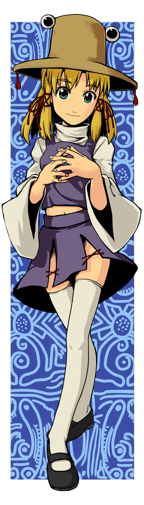 yunsuku, moriya suwako, touhou, long image, tall image, 1girl, blonde hair, blue eyes, female focus, full body, hair ribbon, hat, legs, mary janes, ribbon, shoes, short hair, solo, thighhighs, white thighhighs, zettai ryouiki