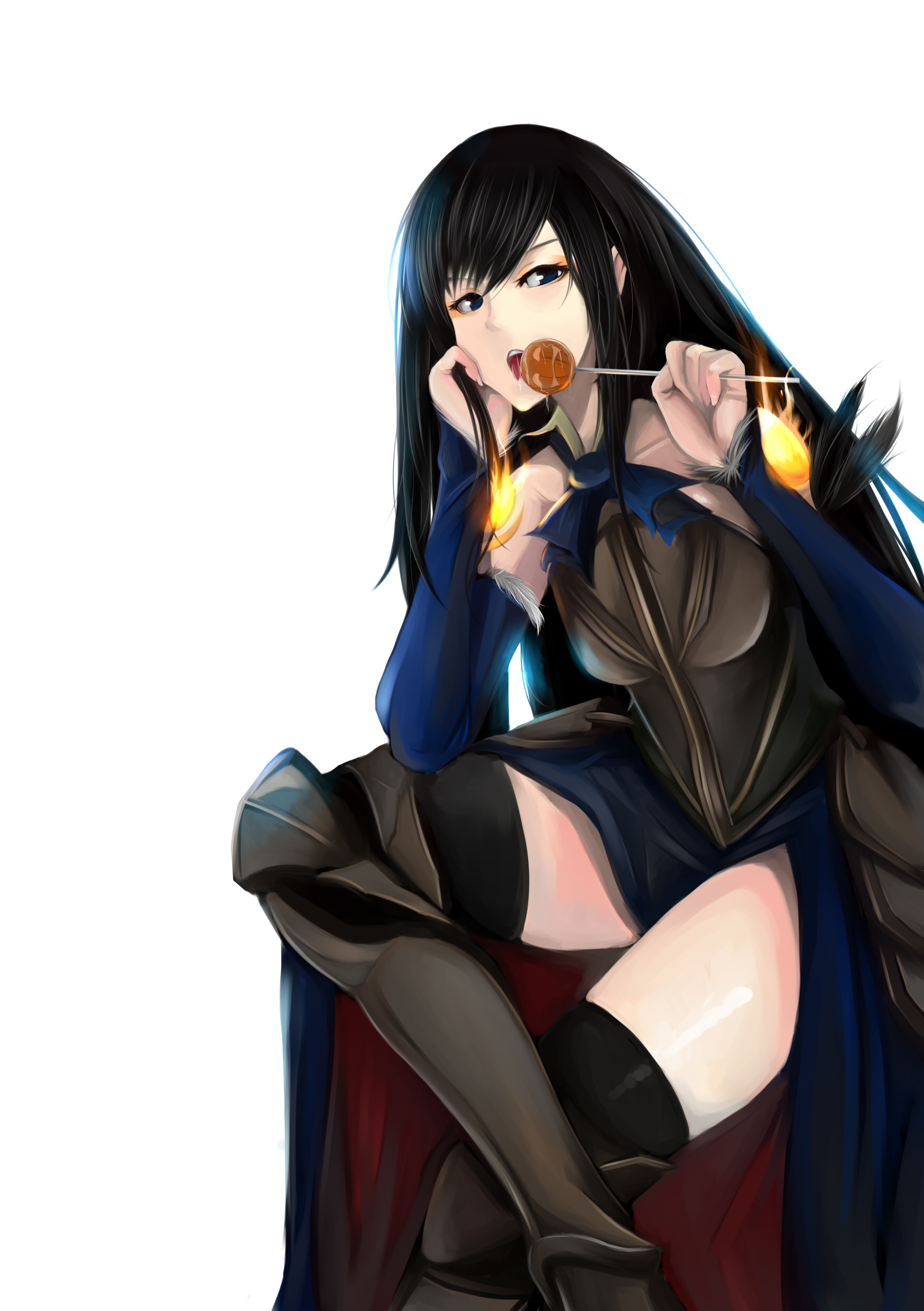 mr chwadee, shanoa (castlevania), castlevania: order of ecclesia, castlevania (series), absurdres, highres, 1girl, armor, black eyes, black hair, candy, female focus, food, lollipop, long hair, pumpkin, saliva, shaped lollipop, simple background, solo, tongue, very long hair