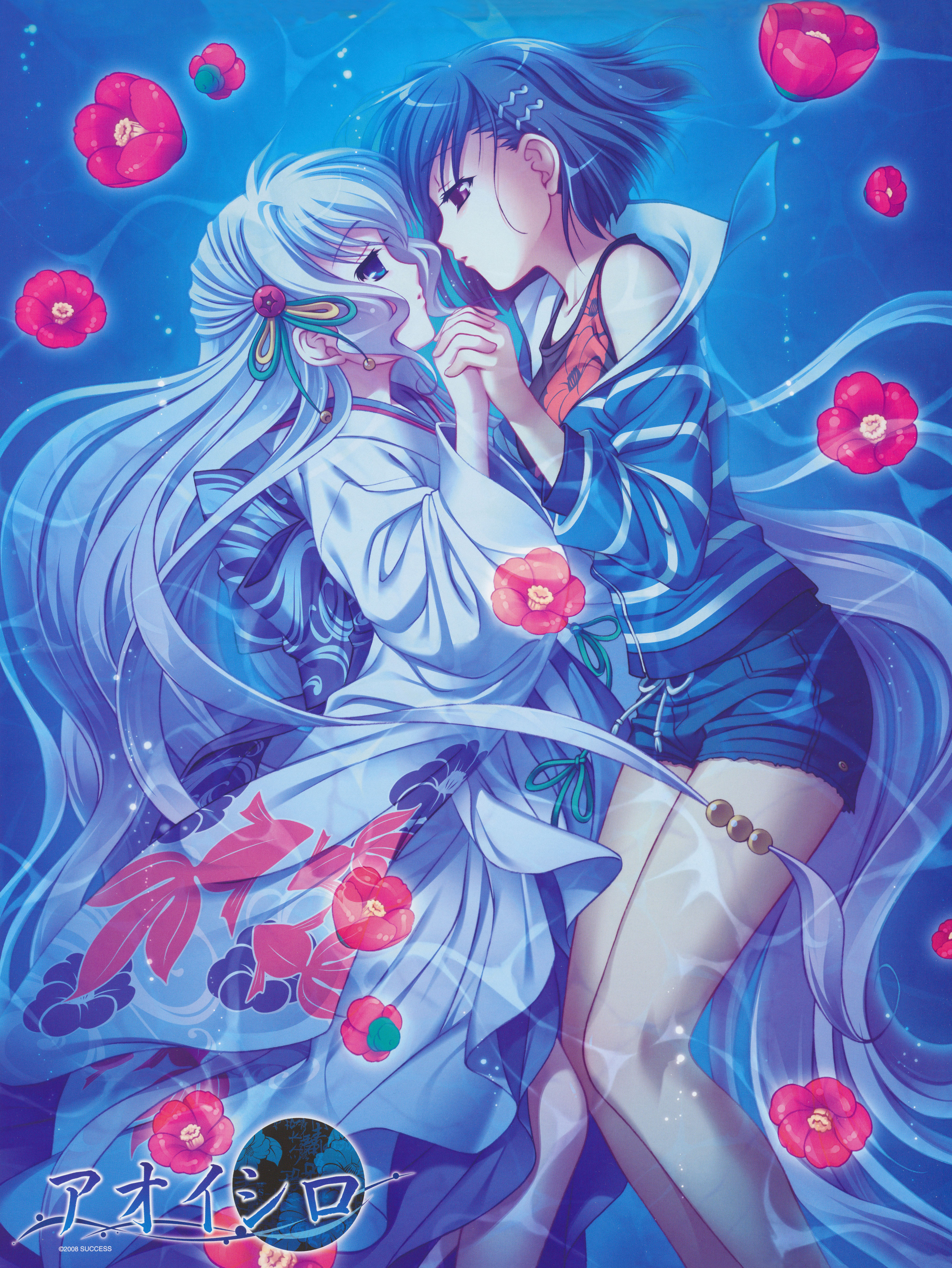 yasaka minato, nami (aoi shiro), osanai shouko, aoi shiro, hal, silver hair, absurdres, highres, 2girls, bare shoulders, blue eyes, blue hair, bow, camellia, eye contact, flower, hair bow, hair ornament, holding hands, imminent kiss, japanese clothes, kimono, long hair, looking at another, multiple girls, purple eyes, ribbon, short hair, shorts, underwater, very long hair, water, wet, wet clothes, yuri