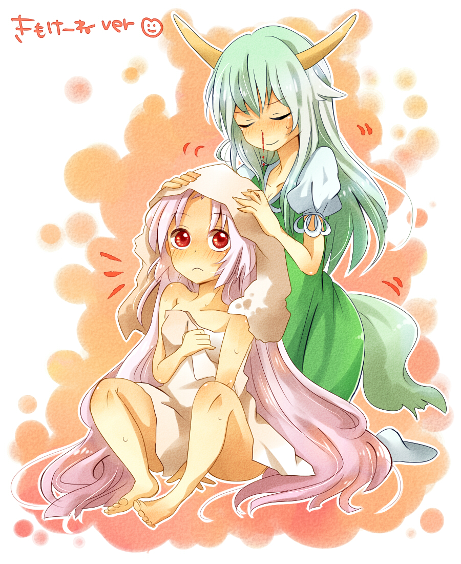zawameki, ex-keine, fujiwara no mokou, kamishirasawa keine, touhou, silver hair, 2girls, barefoot, blood, blush, caved (touhou), feet, female focus, green hair, horns, long hair, multiple girls, naked towel, nosebleed, red eyes, tail, towel, yuri