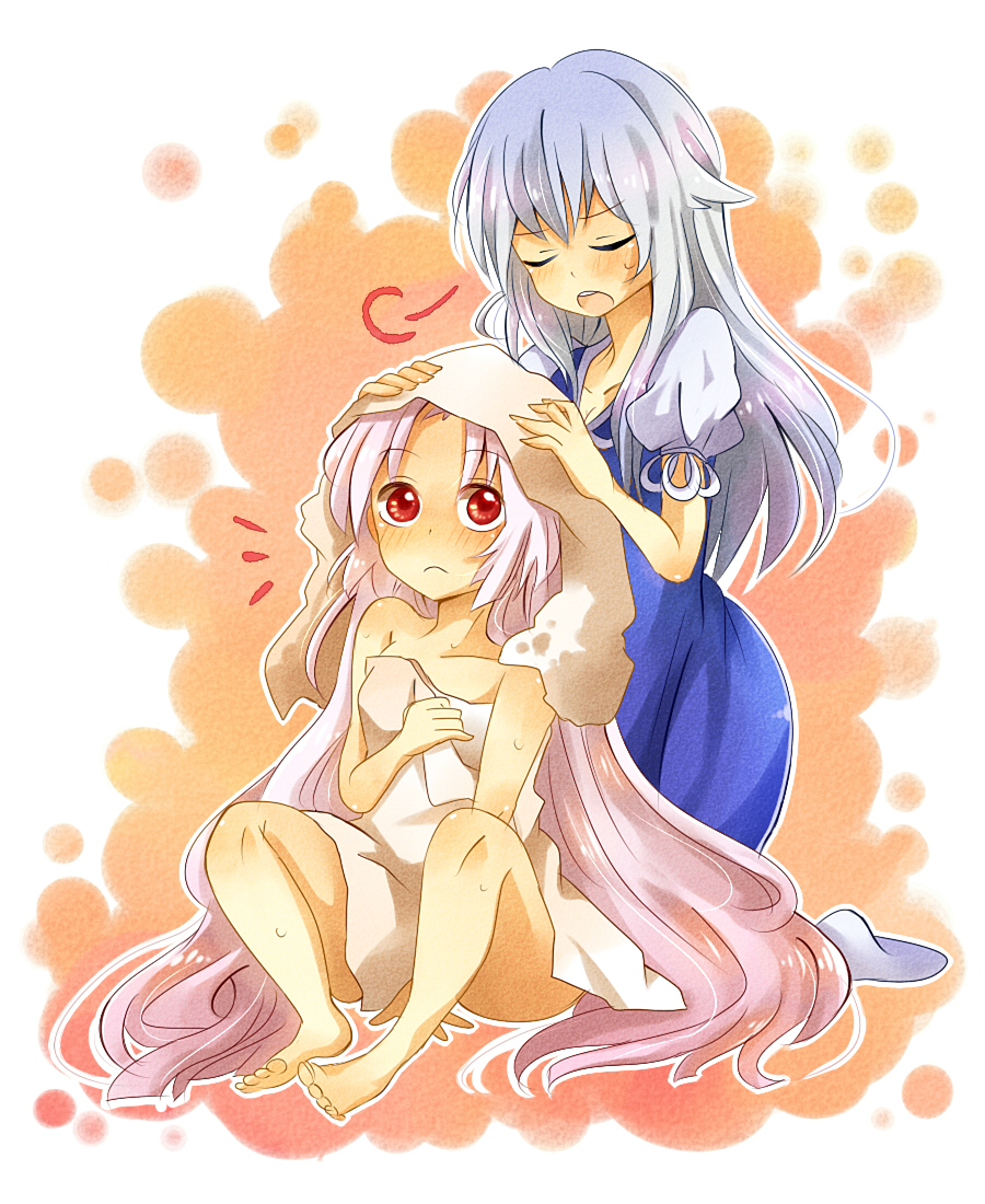 zawameki, fujiwara no mokou, kamishirasawa keine, touhou, silver hair, 2girls, barefoot, blush, feet, female focus, long hair, multiple girls, naked towel, red eyes, towel
