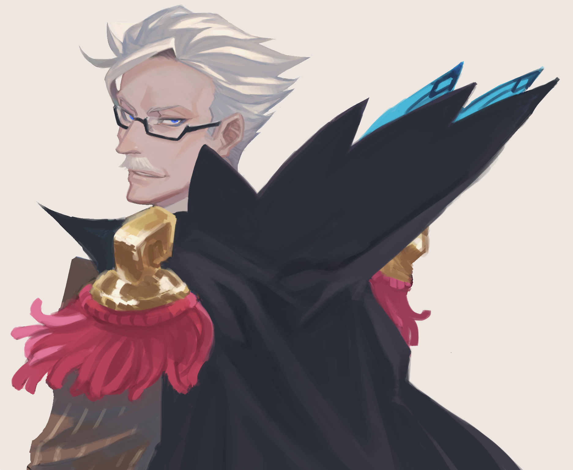 saida (ohda ooda), james moriarty (archer) (fate), fate/grand order, fate (series), commentary request, highres, 1boy, black cape, blue eyes, cape, epaulettes, facial hair, glasses, grey hair, male focus, mature male, mustache, parted lips, rectangular eyewear, short hair, sideburns, simple background, solo, upper body
