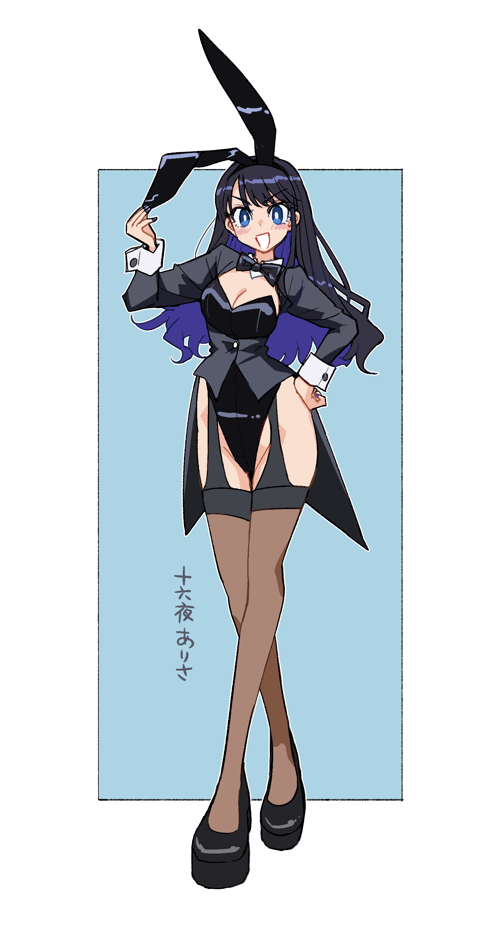 azumaya toushirou, izayoi arisa, sono bisque doll wa koi wo suru, absurdres, commentary request, highres, translation request, 1girl, animal ears, black bow, black bowtie, black jacket, black leotard, black shoes, black thighhighs, blue background, blue eyes, border, bow, bowtie, breasts, cleavage, fake animal ears, full body, hand on own hip, highleg, highleg leotard, jacket, leotard, looking at viewer, open mouth, outside border, rabbit ears, shoes, solo, standing, tailcoat playboy bunny, thigh strap, thighhighs, white border, white wrist cuffs, wrist cuffs