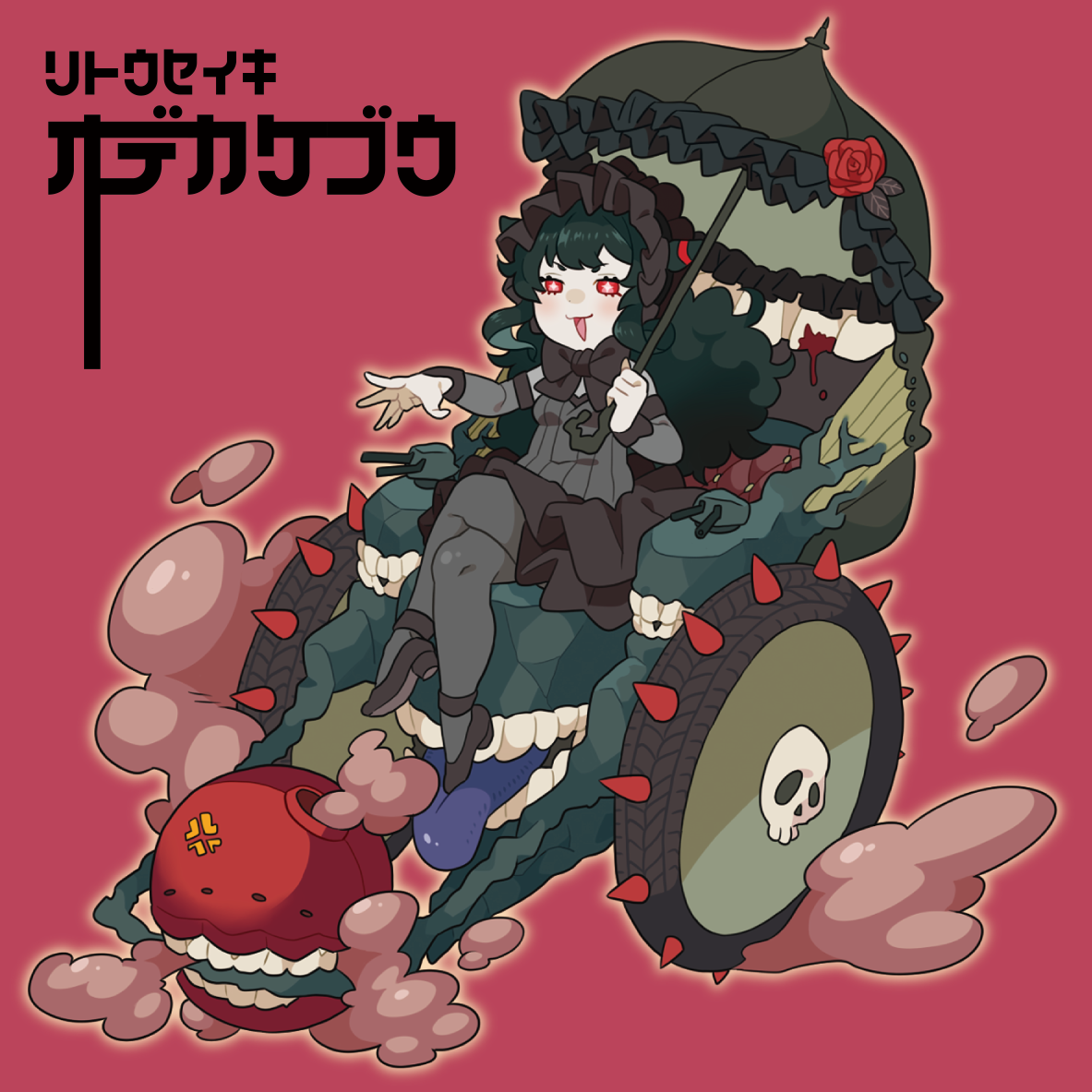 emu (eomou), enemy aircraft (kancolle), isolated island oni, kantai collection, translation request, 1girl, abyssal ship, anger vein, black bonnet, black hair, black shoes, blood, blush, bonnet, breasts, cart, chibi, chibi only, colored skin, crossed legs, detached sleeves, flower, gothic lolita, grey pantyhose, holding, holding umbrella, leaf, lolita fashion, open mouth, pantyhose, parasol, red background, red eyes, red flower, red rose, rose, shoes, sitting, smoke, spiked tire, teeth, tongue, umbrella, umbrella flower, white skin