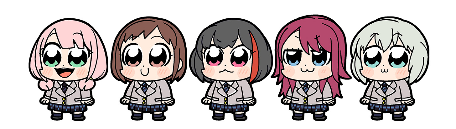 bkub, aoba moca, hazawa tsugumi, mitake ran, udagawa tomoe, uehara himari, bang dream!, bad id, official art, 5girls, :3, afterglow (bang dream!), aqua eyes, black hair, black shoes, blazer, blue eyes, blue necktie, blue skirt, blush stickers, bob cut, brown eyes, brown hair, buttons, chibi, chibi only, closed mouth, collared shirt, dot nose, green eyes, grey hair, grey jacket, haneoka school uniform, jacket, long hair, long sleeves, low twintails, multicolored hair, multiple girls, necktie, open mouth, pink hair, plaid clothes, plaid skirt, pleated skirt, red eyes, red hair, red streaks, school uniform, shirt, shoes, short hair, simple background, skirt, smile, streaked hair, striped clothes, striped necktie, teeth, twintails, upper teeth only, white background, white shirt, winter uniform
