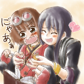 maruru (marimo811), rita mordio, yuri lowell, tales of (series), tales of vesperia, lowres, 00s, 1boy, 1girl, black hair, blush, book, bracelet, breasts, brown hair, choker, grabbing another's breast, green eyes, groping, hetero, jewelry, long hair, short hair, small breasts, smile