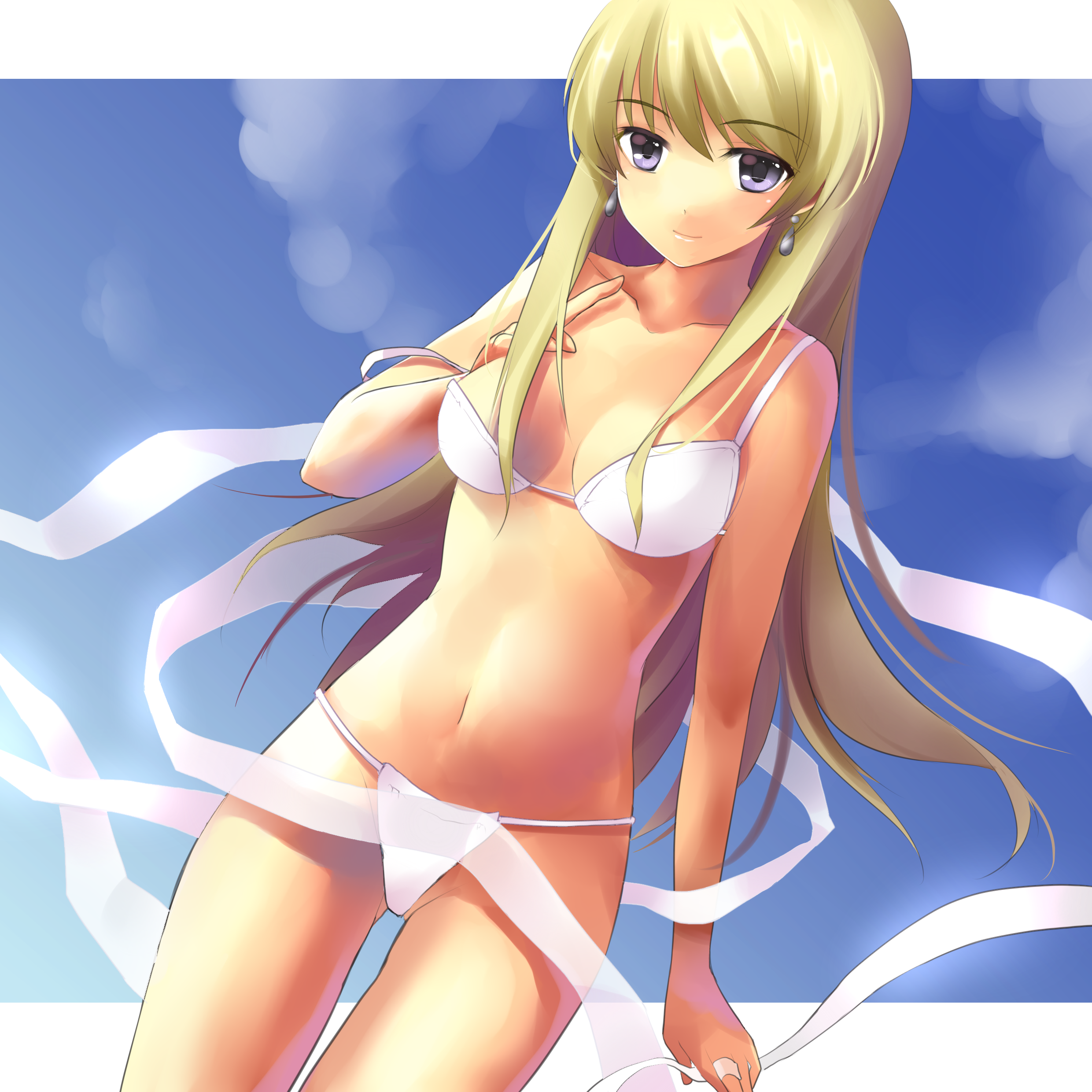 sheska xue, original, absurdres, derivative work, highres, 1girl, bikini, blonde hair, day, earrings, female focus, jewelry, long hair, purple eyes, ribbon, solo, strap slip, swimsuit, white bikini