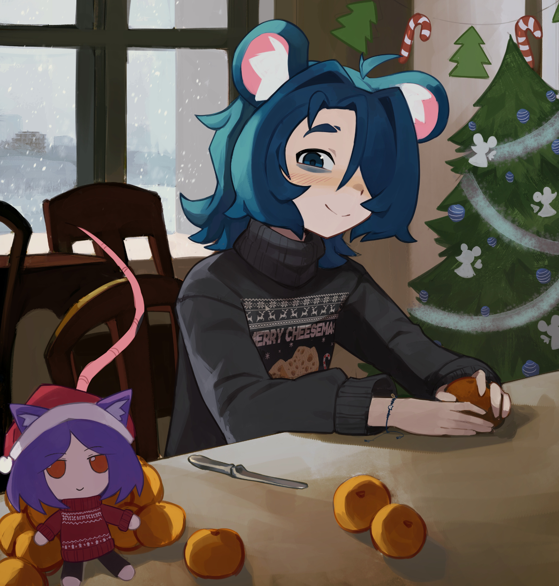 parasoru buruu, original, highres, 1girl, animal ears, bags under eyes, blue eyes, blue hair, christmas tree, closed mouth, food, fruit, hair over one eye, indoors, knife, long hair, long sleeves, mandarin orange, mouse ears, mouse girl, mouse tail, smile, snow, solo, sweater, tail, window