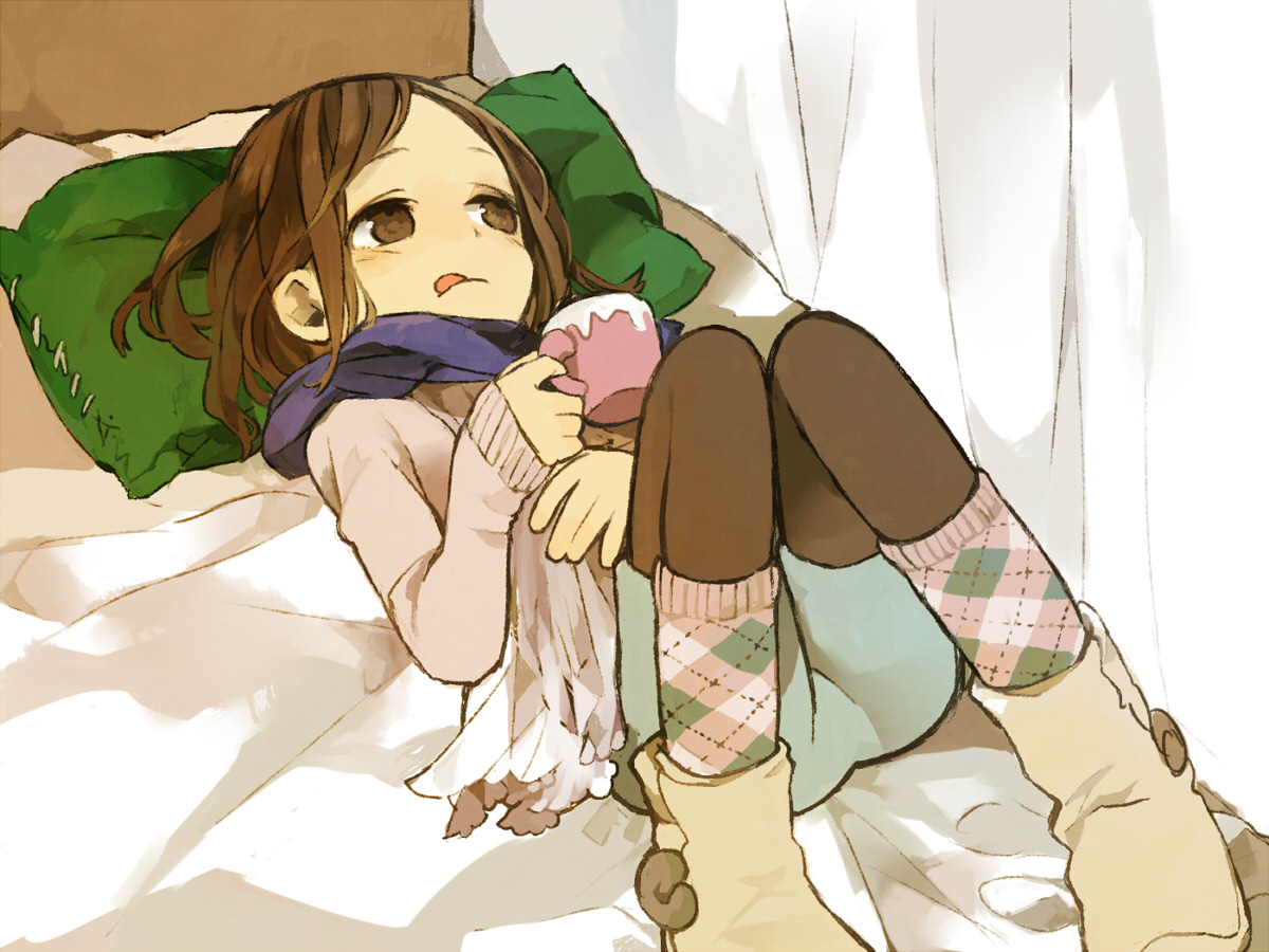 soto, original, plaid, 1girl, argyle clothes, argyle socks, black pantyhose, brown eyes, brown hair, cup, female focus, layered legwear, licking lips, long sleeves, lying, mug, on back, pantyhose, pantyhose under shorts, patterned legwear, pillow, scarf, shorts, socks, solo, sweater, thighhighs, tongue, tongue out