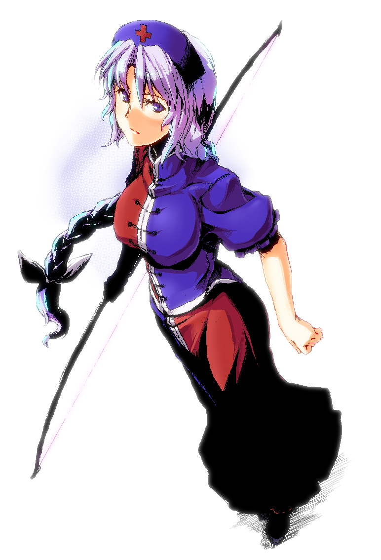 tsukinami, tsukinami kousuke, yagokoro eirin, touhou, silver hair, 1girl, bow, breasts, female focus, full body, hat, oekaki, solo, standing, white background