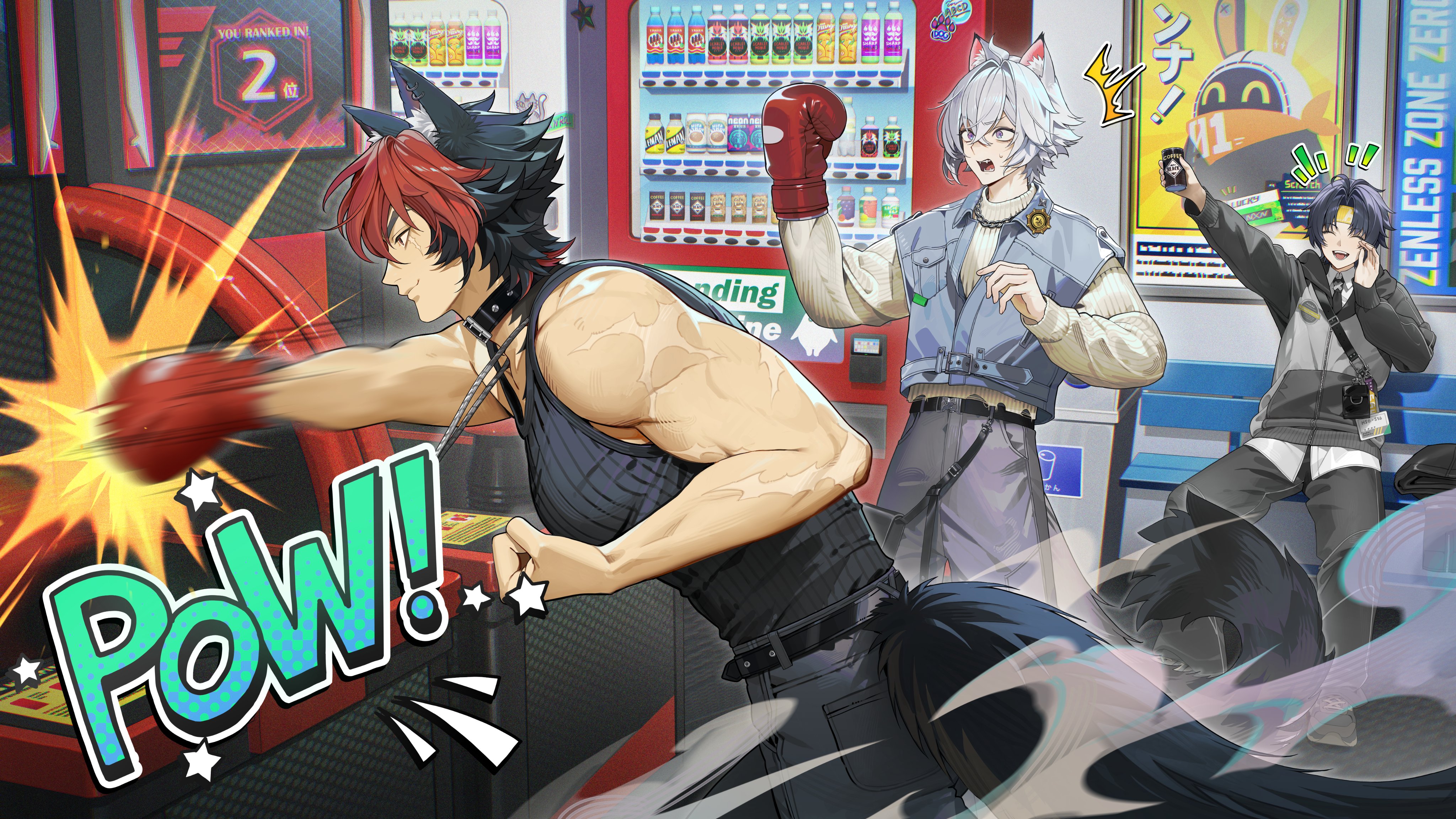 kushami deso, asaba harumasa, bangboo (zenless zone zero), eous (zenless zone zero), komano manato, seth lowell, gigo, zenless zone zero, absurdres, commentary request, highres, 3boys, alternate costume, animal ear fluff, animal ears, arcade, bag, black hair, black tank top, boxing gloves, can, cat ears, cat tail, chain, chain necklace, closed eyes, closed mouth, crossed bangs, grey hair, guest art, headband, holding, holding can, indoors, jacket, jewelry, male focus, multicolored hair, multiple boys, necklace, open mouth, pants, playing games, police badge, punching, red hair, ribbed tank top, scar, scar across eye, scar on arm, scar on face, scar on shoulder, sign, sound effects, sweat, tail, tank top, toned, toned male, vending machine, yellow headband