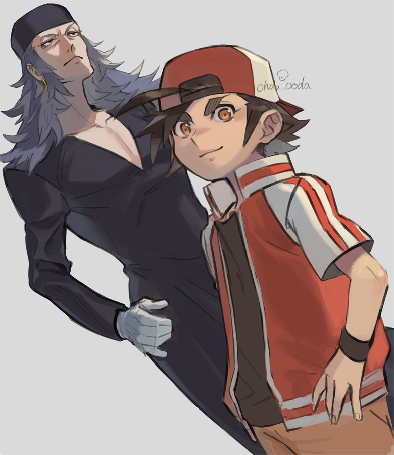 saida (ohda ooda), fue (bakegyamon), bakegyamon, commentary request, 2boys, ahoge, backwards hat, black hair, black hat, black robe, black shirt, brown eyes, closed mouth, grey hair, hat, jacket, looking at viewer, male focus, multiple boys, pants, pectoral cleavage, pectorals, red jacket, robe, sanshiro tamon, shirt, short hair, signature, wristband