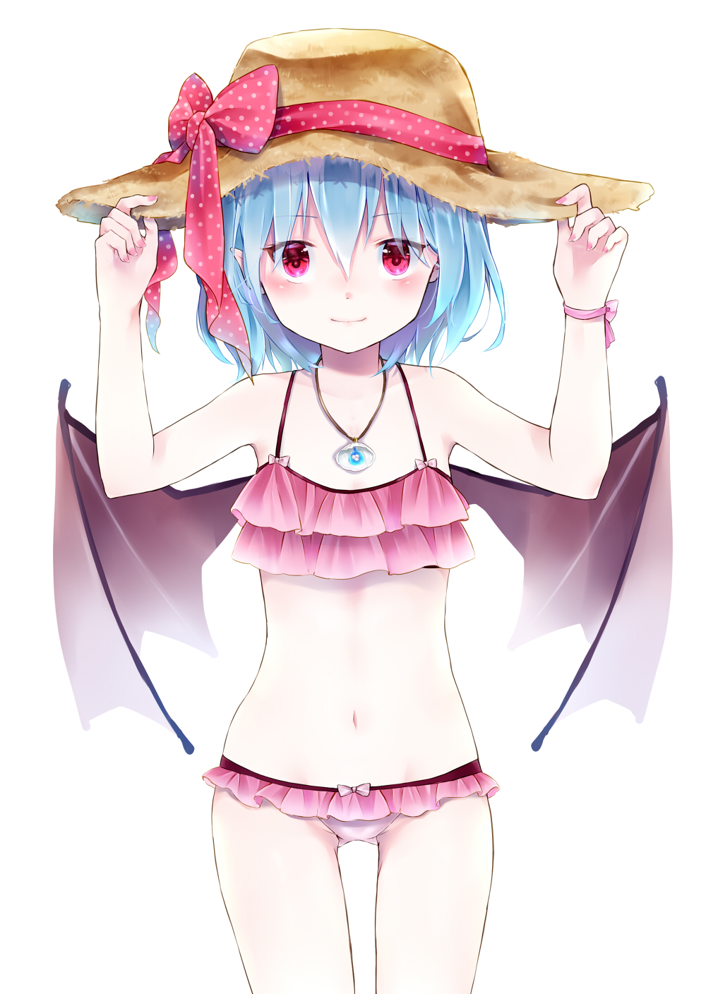 minatsuki yurara, remilia scarlet, touhou, commentary request, highres, 1girl, alternate costume, bikini, blue hair, blush, bow, closed mouth, cowboy shot, frilled bikini, frills, hair between eyes, hands on headwear, hat, hat bow, hat ribbon, jewelry, looking at viewer, nail polish, navel, necklace, pendant, pink bikini, pink bow, pink nails, polka dot, polka dot bow, polka dot ribbon, red bow, red eyes, red ribbon, ribbon, short hair, simple background, smile, solo, standing, straw hat, sun hat, swimsuit, thigh gap, white background, wings, yellow hat