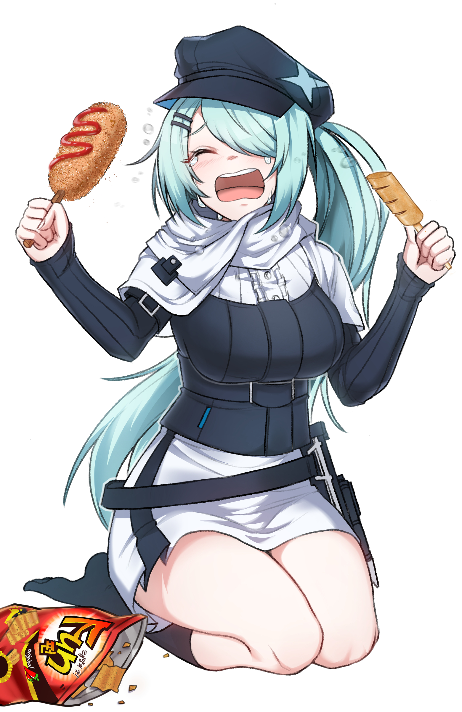 catch (tkjv4228), hiyori (blue archive), blue archive, absurdres, commentary, highres, 1girl, aqua hair, black socks, breasts, chips (food), corn dog, crying, facing viewer, fingernails, food, hair ornament, hair over one eye, hairclip, hat, holding, holding skewer, kneehighs, long hair, newsboy cap, no halo, open mouth, sausage, side ponytail, simple background, skewer, skirt, socks, solo, white background, white skirt