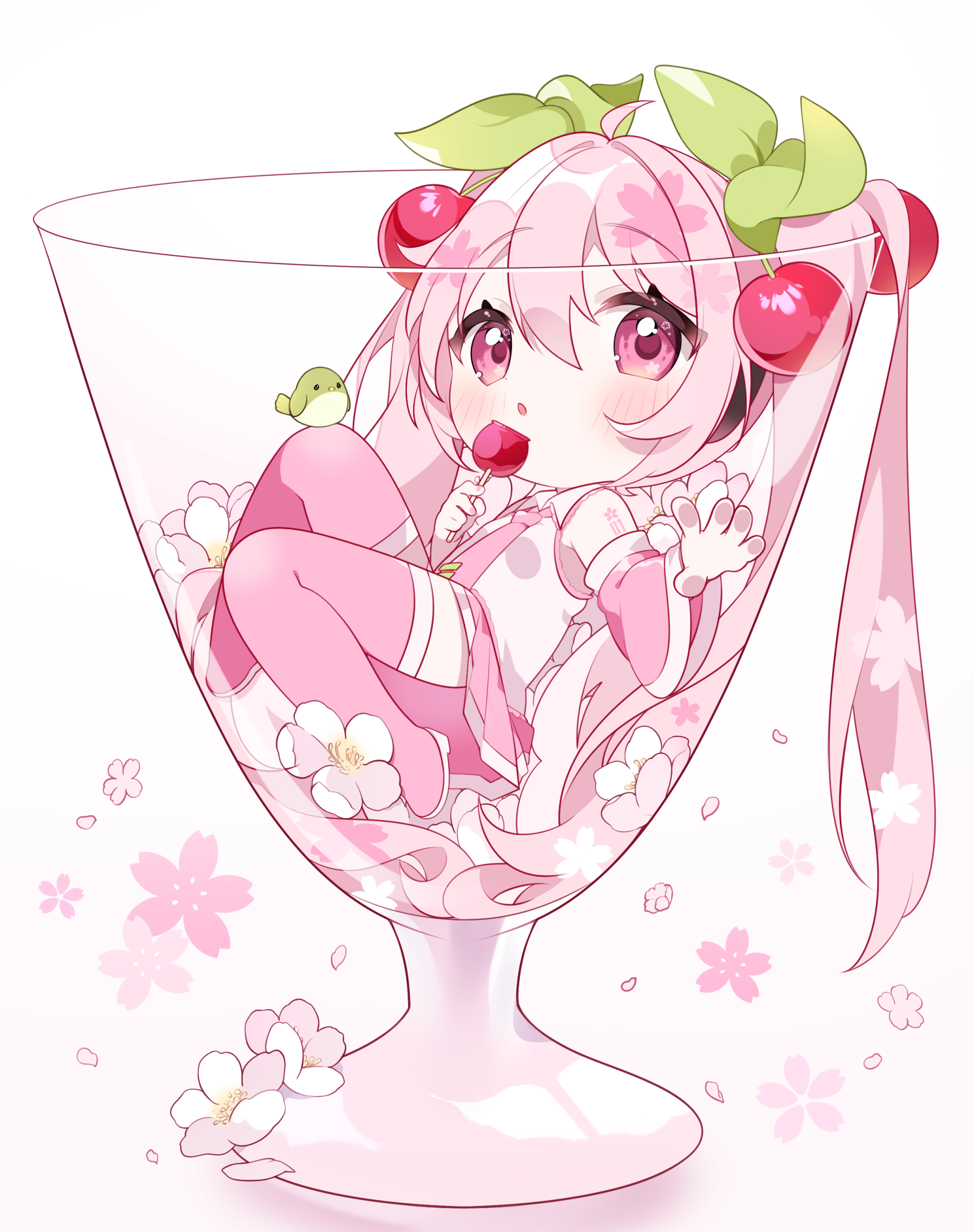 yuni (irohasuiroiro), hatsune miku, sakura miku, vocaloid, commentary request, highres, 1girl, :o, bare shoulders, bird, blush, boots, candy apple, cherry blossoms, cherry hair ornament, chibi, chibi only, collared shirt, cup, detached sleeves, drinking glass, food, food-themed hair ornament, full body, green bird, hair between eyes, hair ornament, holding, holding candy apple, holding food, in container, in cup, long hair, long sleeves, looking at viewer, necktie, number tattoo, open mouth, pink boots, pink eyes, pink hair, pink necktie, pink shirt, pink skirt, pink sleeves, pleated skirt, shirt, shoulder tattoo, simple background, skirt, sleeveless, sleeveless shirt, solo, tattoo, thigh boots, tie clip, twintails, white background, wide sleeves