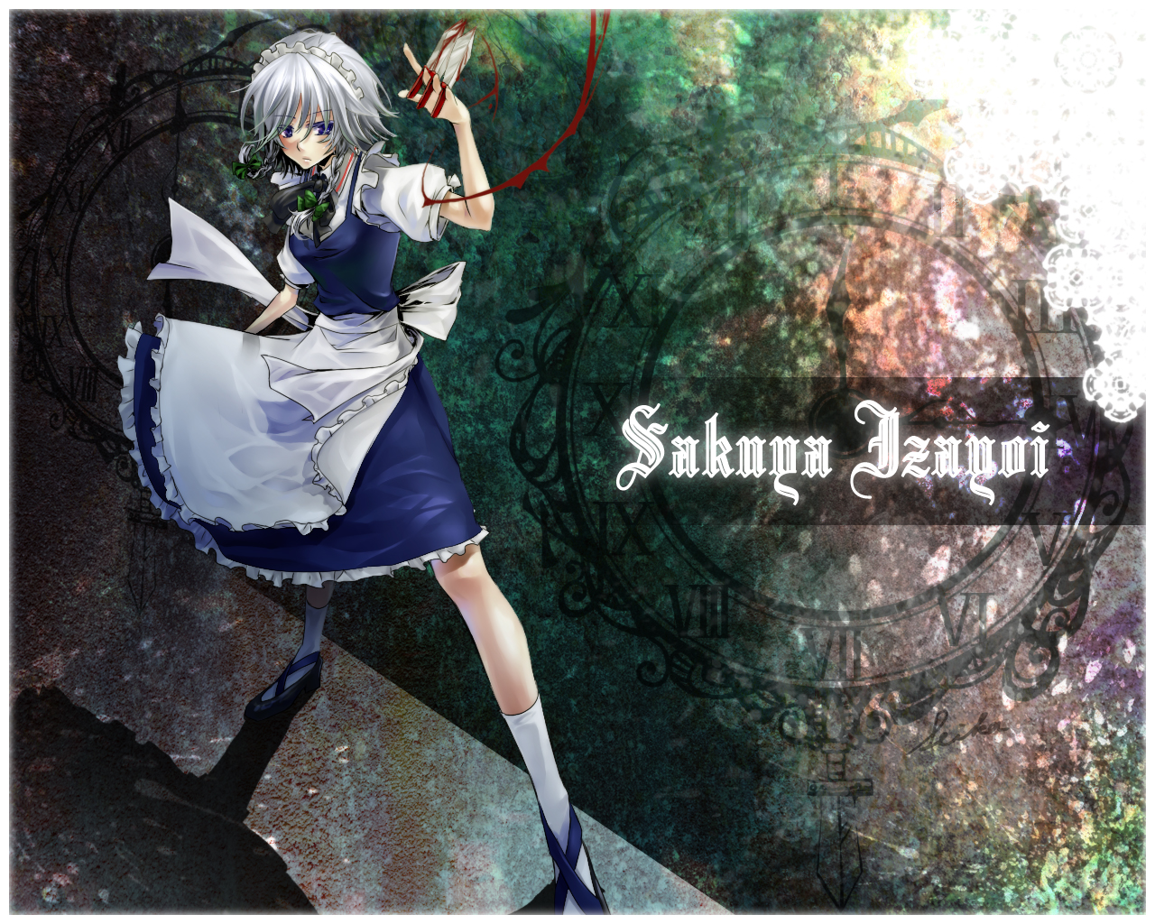 aohana, izayoi sakuya, touhou, silver hair, bad id, bad pixiv id, 1girl, blue eyes, braid, character name, female focus, knife, maid, short hair, solo, throwing knife, twin braids, weapon