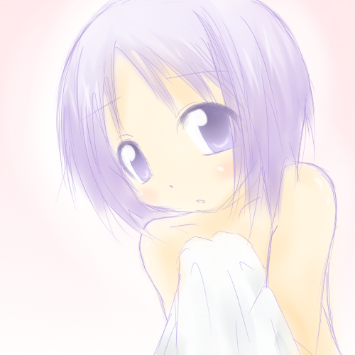 mkt (50r50r), hiiragi tsukasa, lucky star, bad id, bad pixiv id, lowres, 00s, purple eyes, purple hair, short hair, solo, towel
